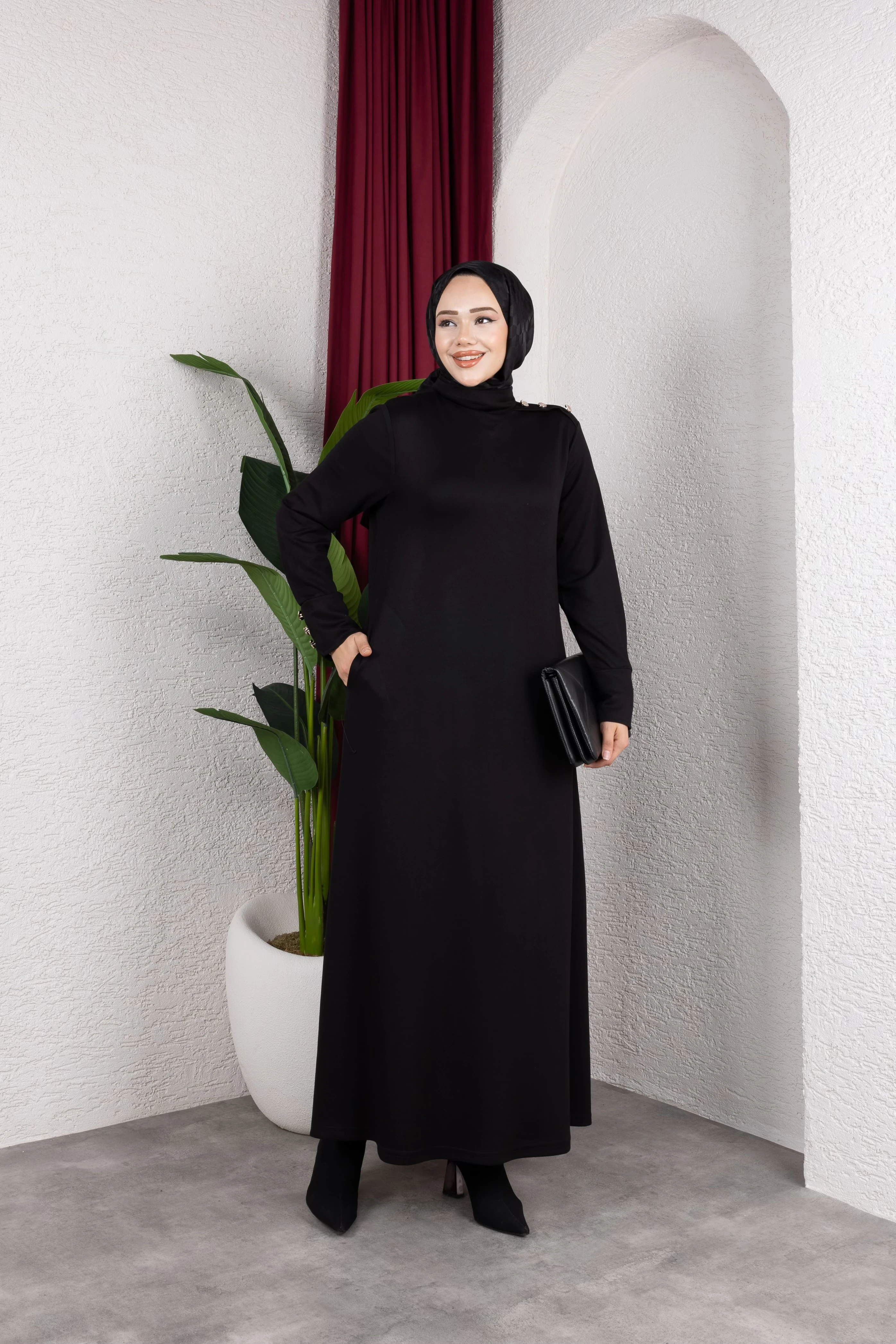 Düğmeli Modal Elbise - Siyah