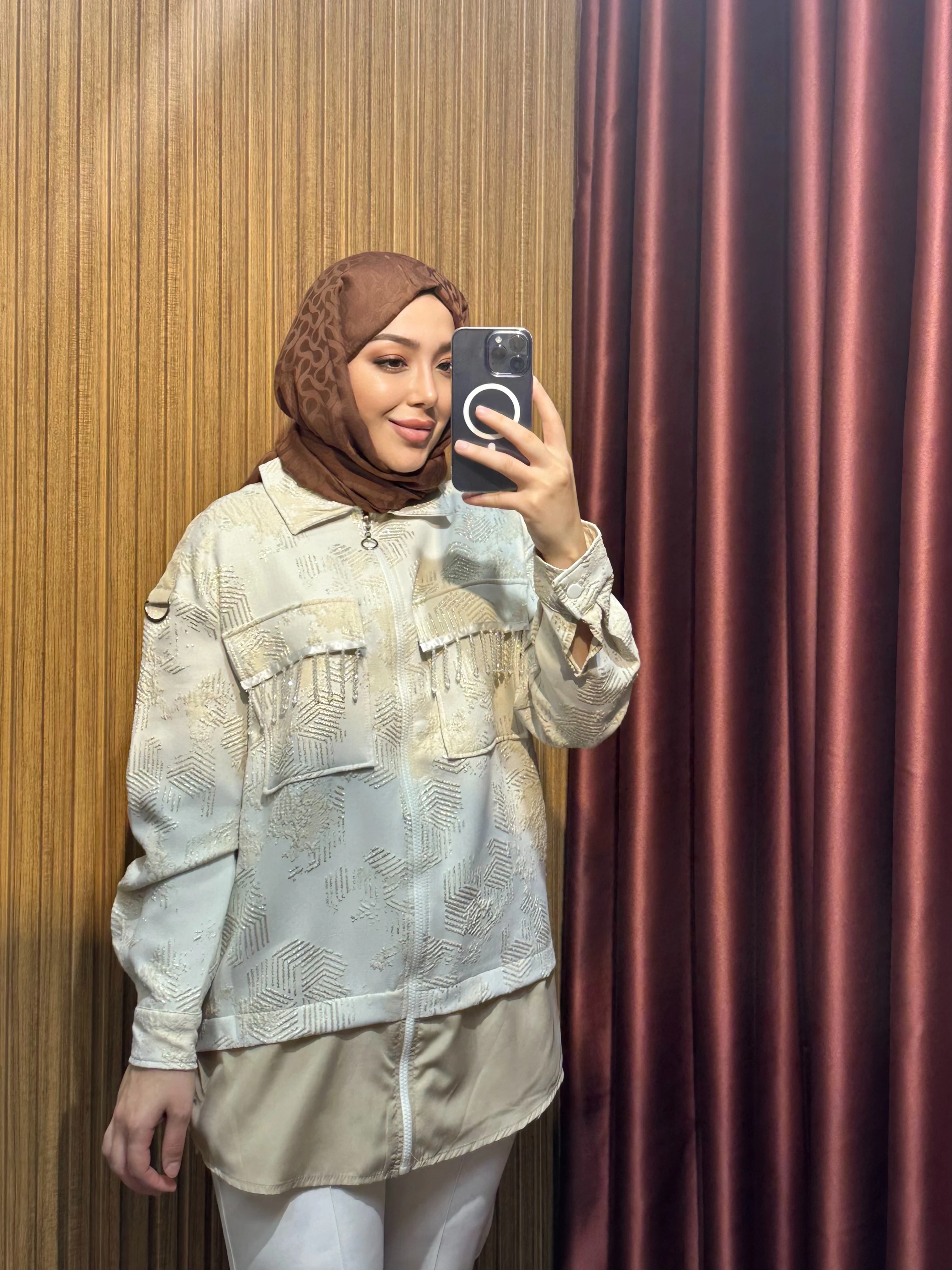 Taşlı Jakar Ceket - Bej