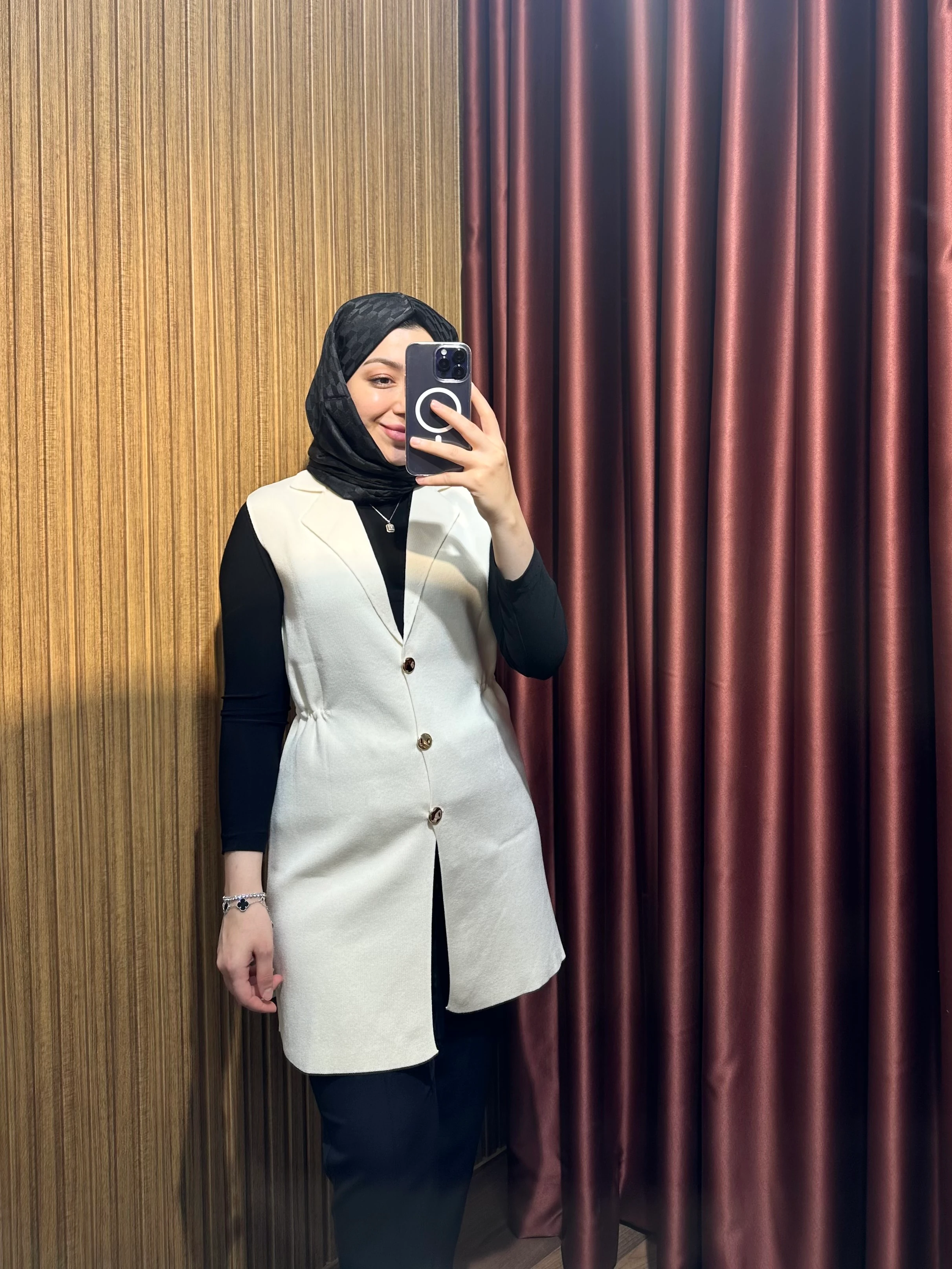 Merserize Uzun Yelek - Krem