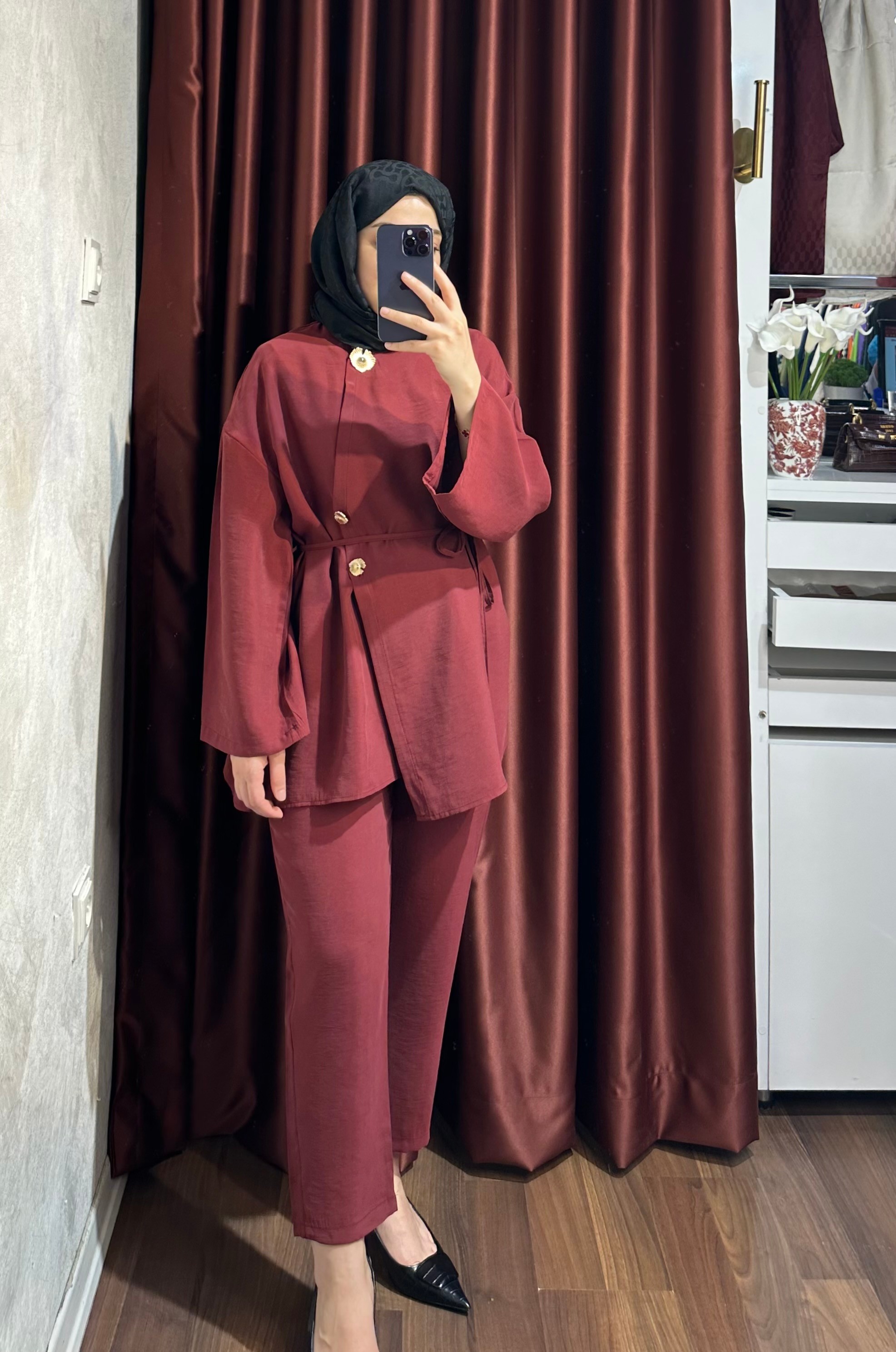 Düğme Detaylı Takım - Bordo