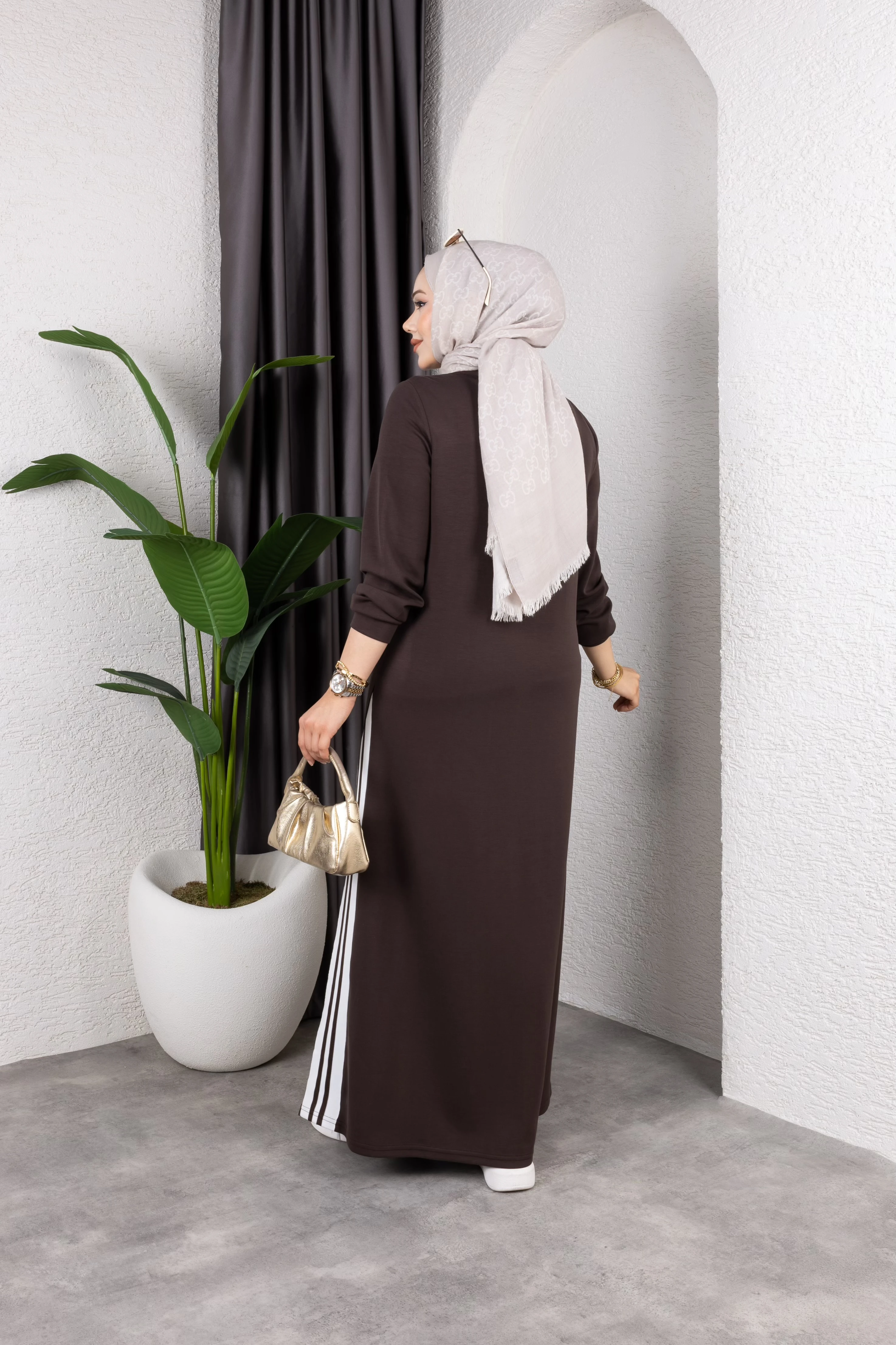 Şeritli Spor Elbise - Kahve