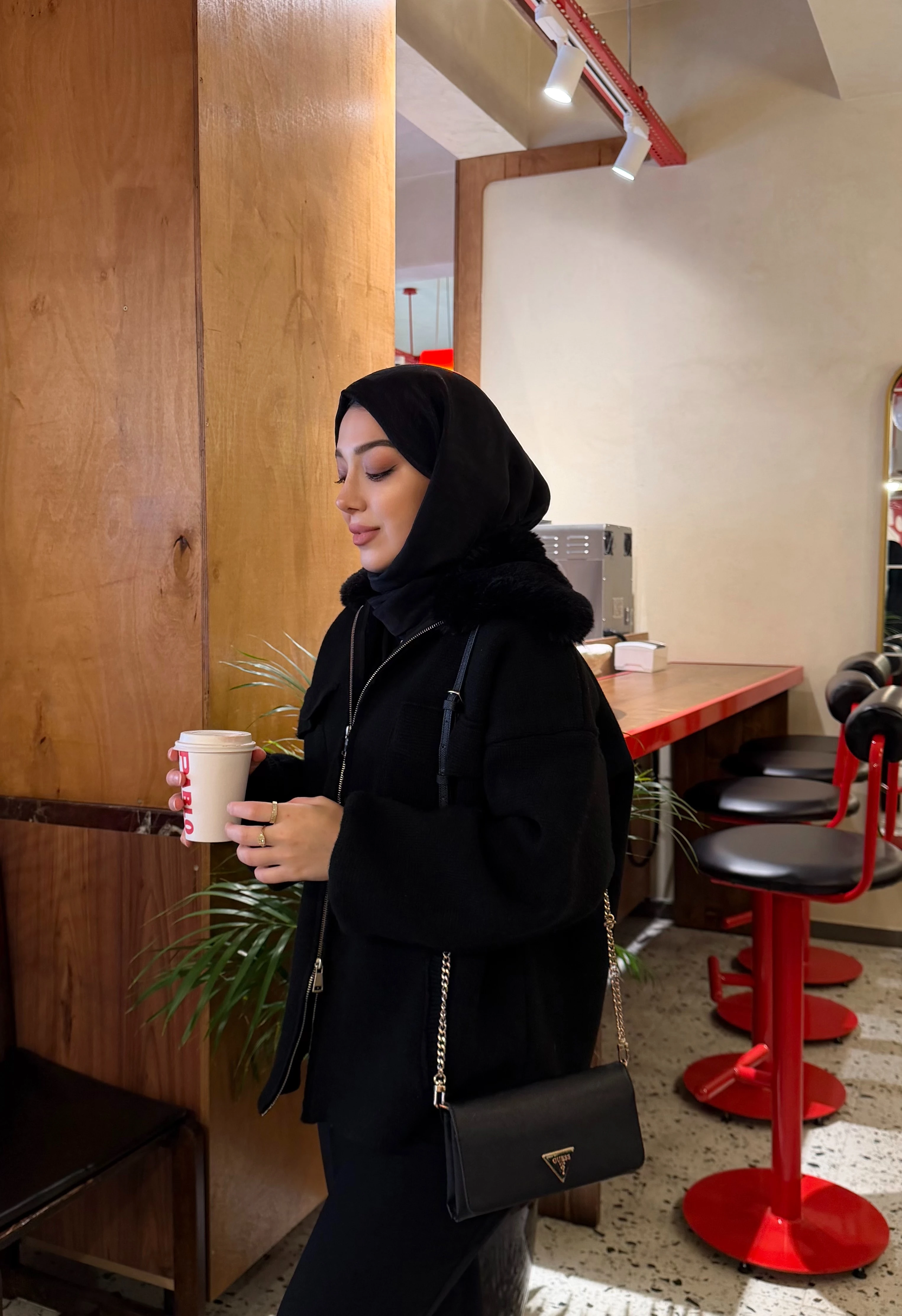 Peluş Yakalı Triko Ceket - Siyah