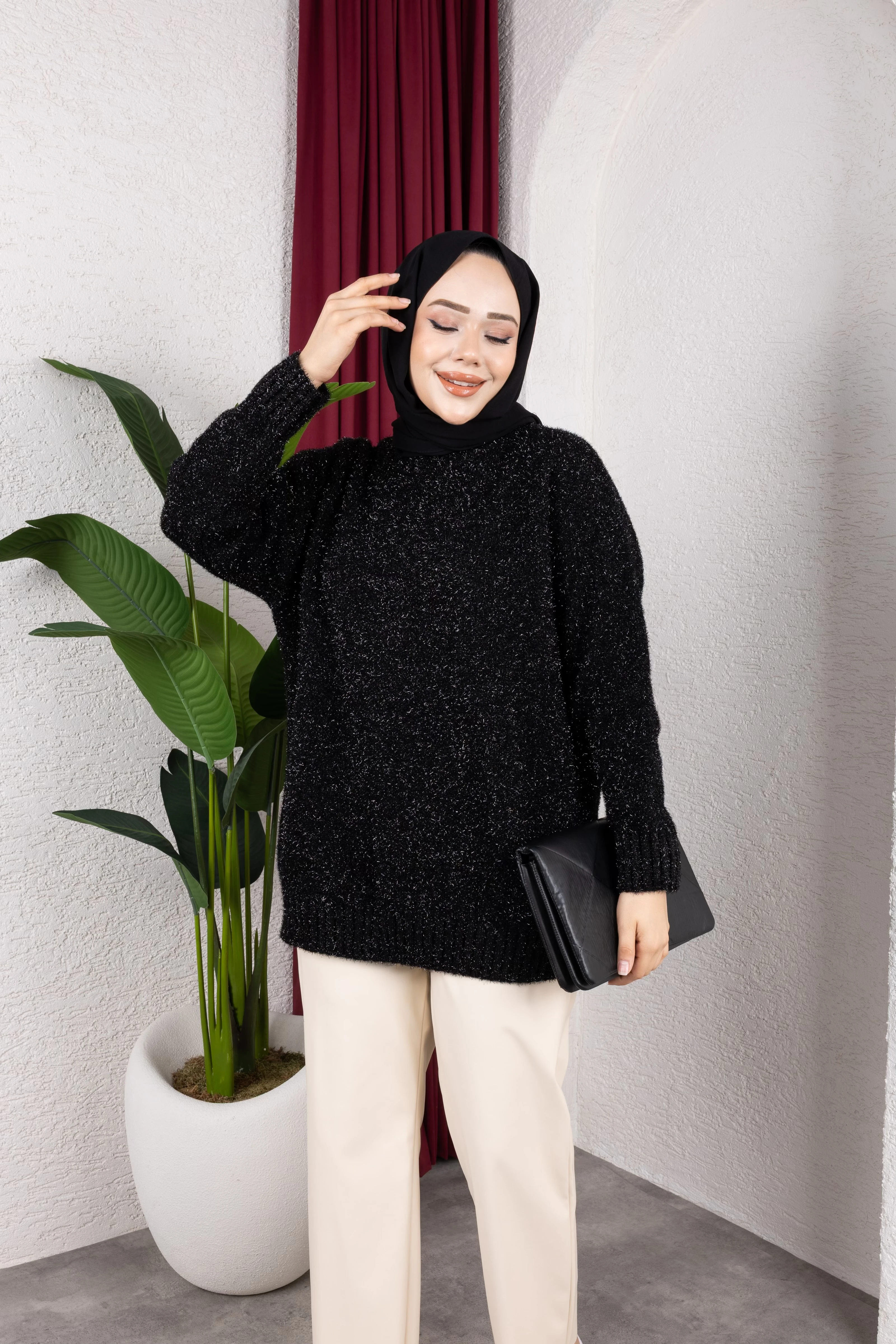 Simli Triko Kazak - Siyah