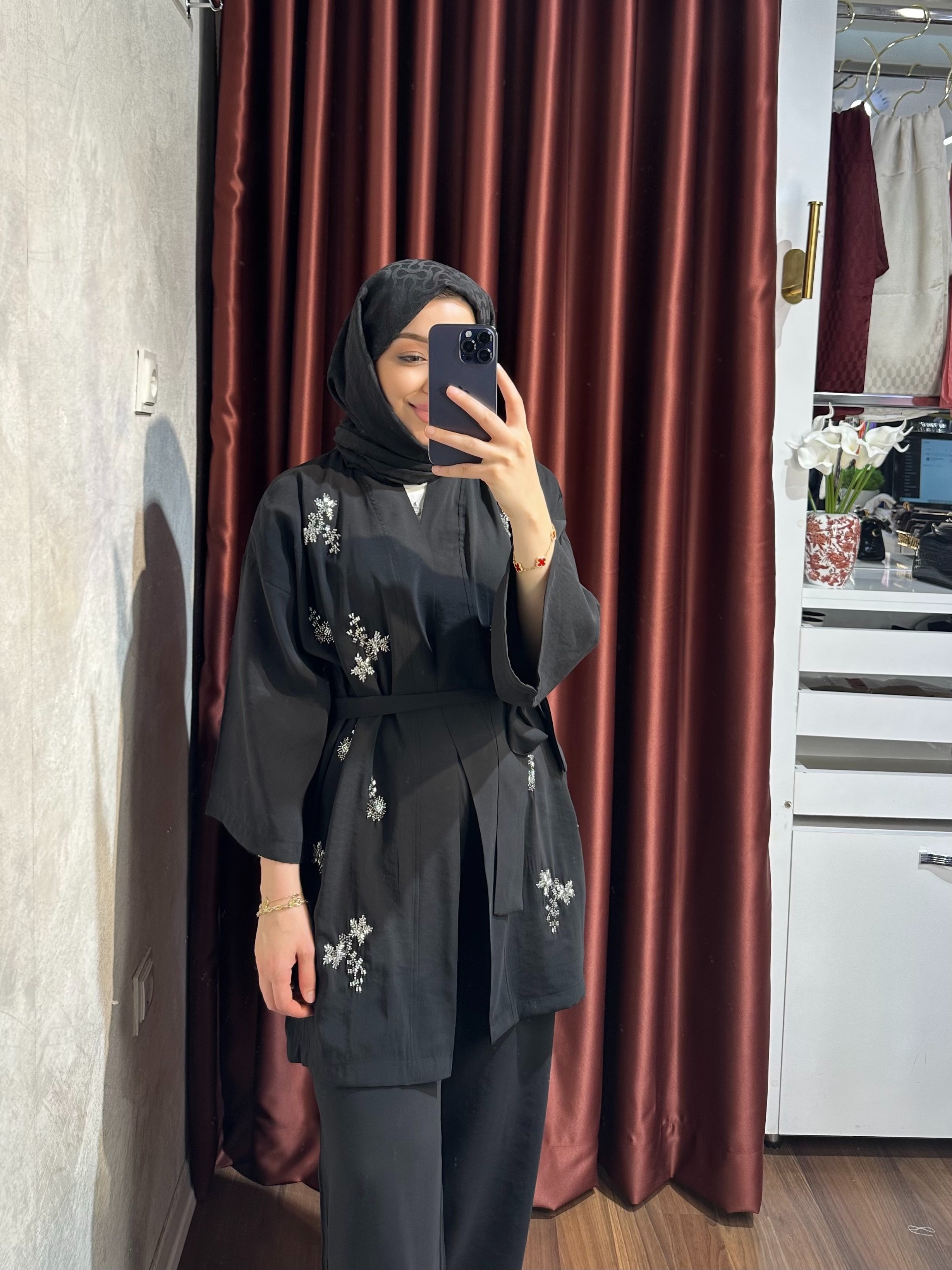 İşlemeli Kimono Takım - Siyah
