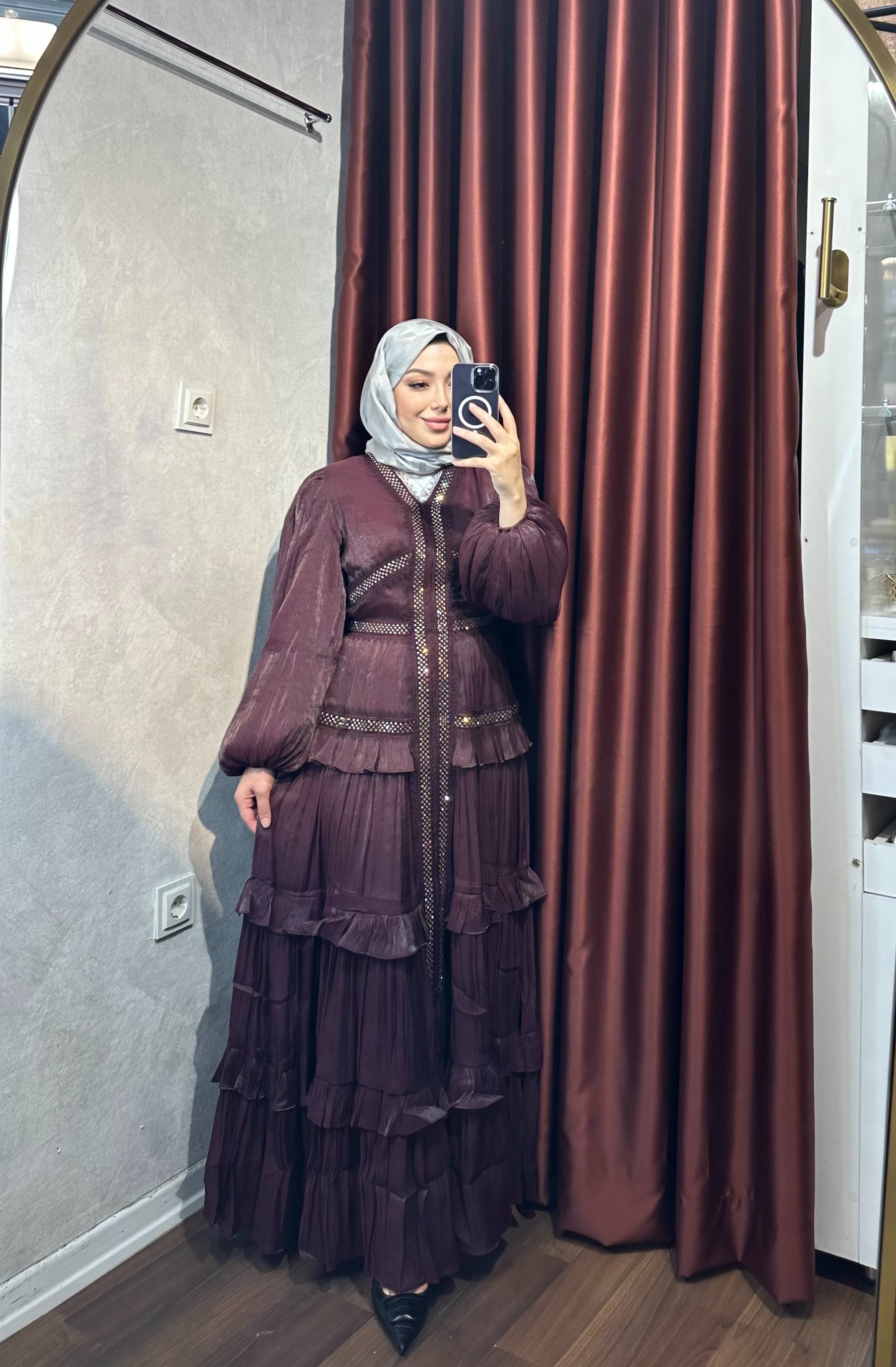 İthal Taşlı Elbise - Mürdüm
