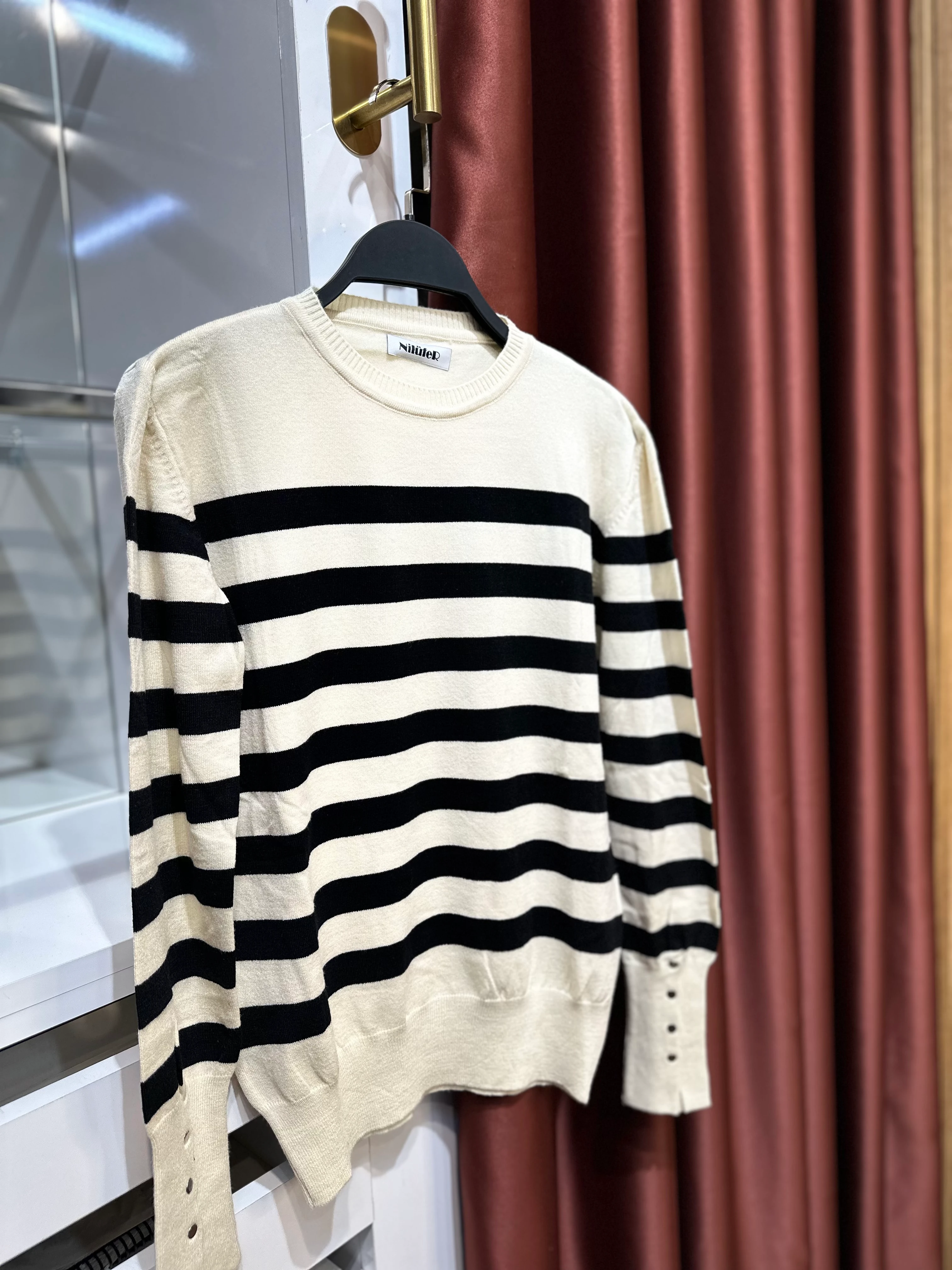 Çizgili Merserize Triko - Krem-Siyah