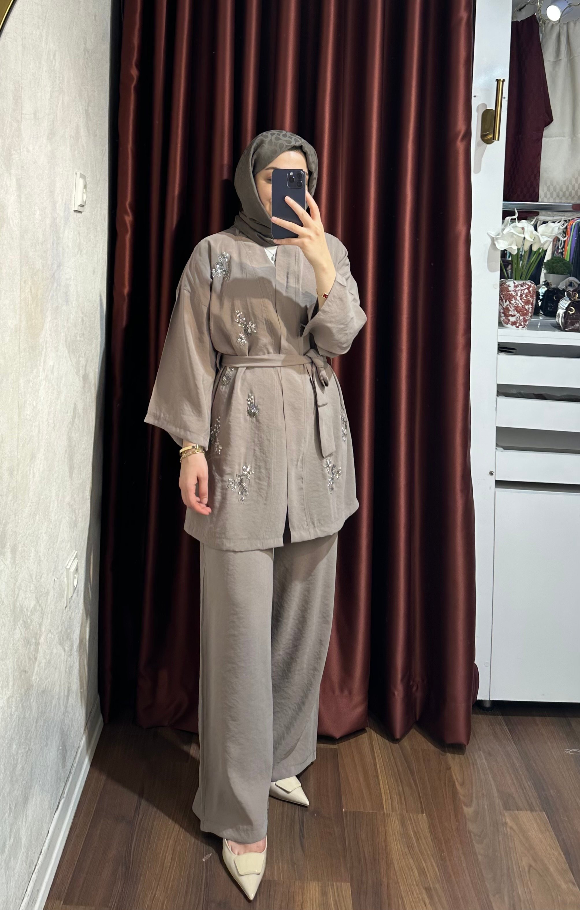 İşlemeli Kimono Takım - Vizon