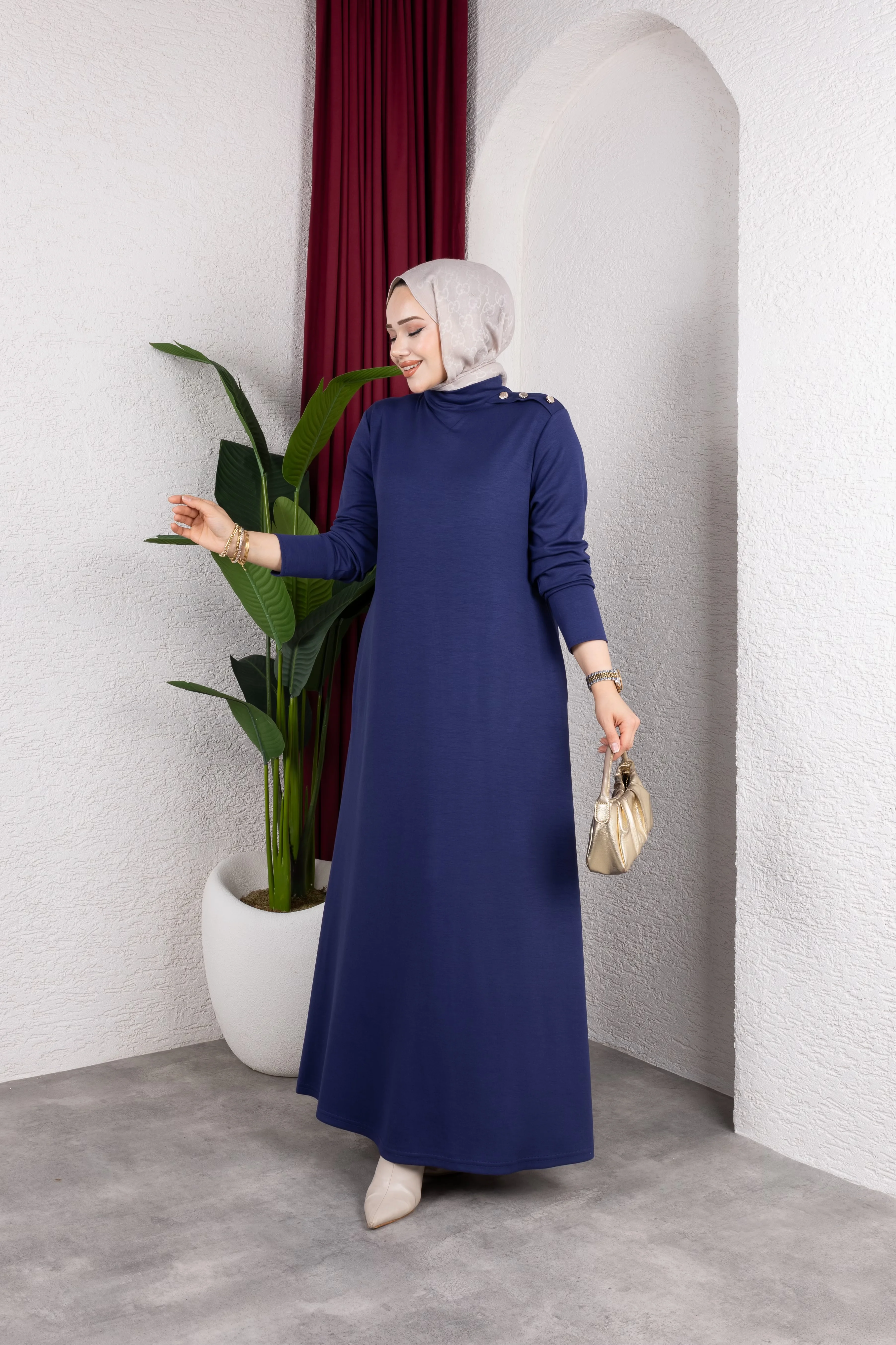 Düğmeli Modal Elbise - Lacivert