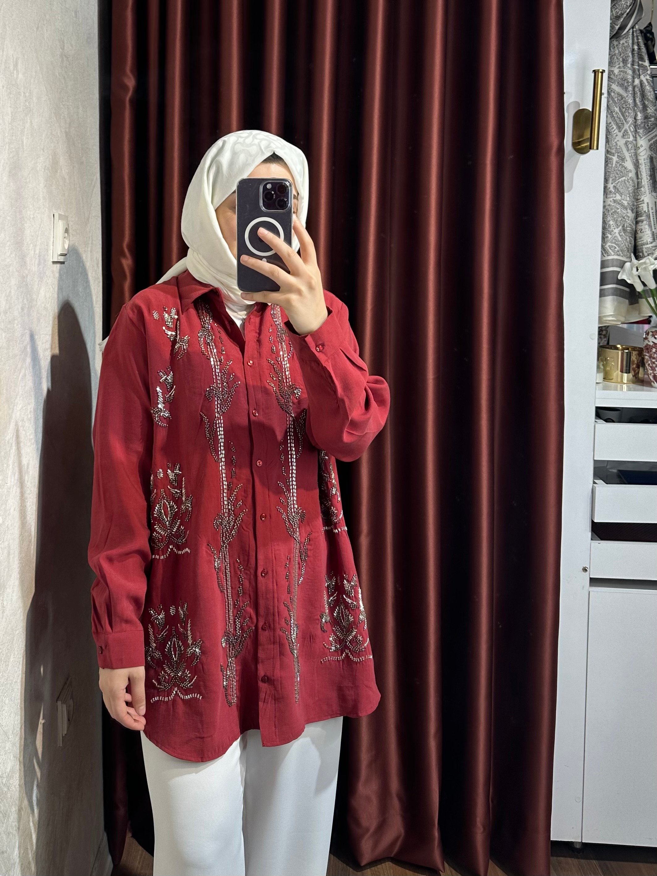 Vellora Taşlı Gömlek - Bordo