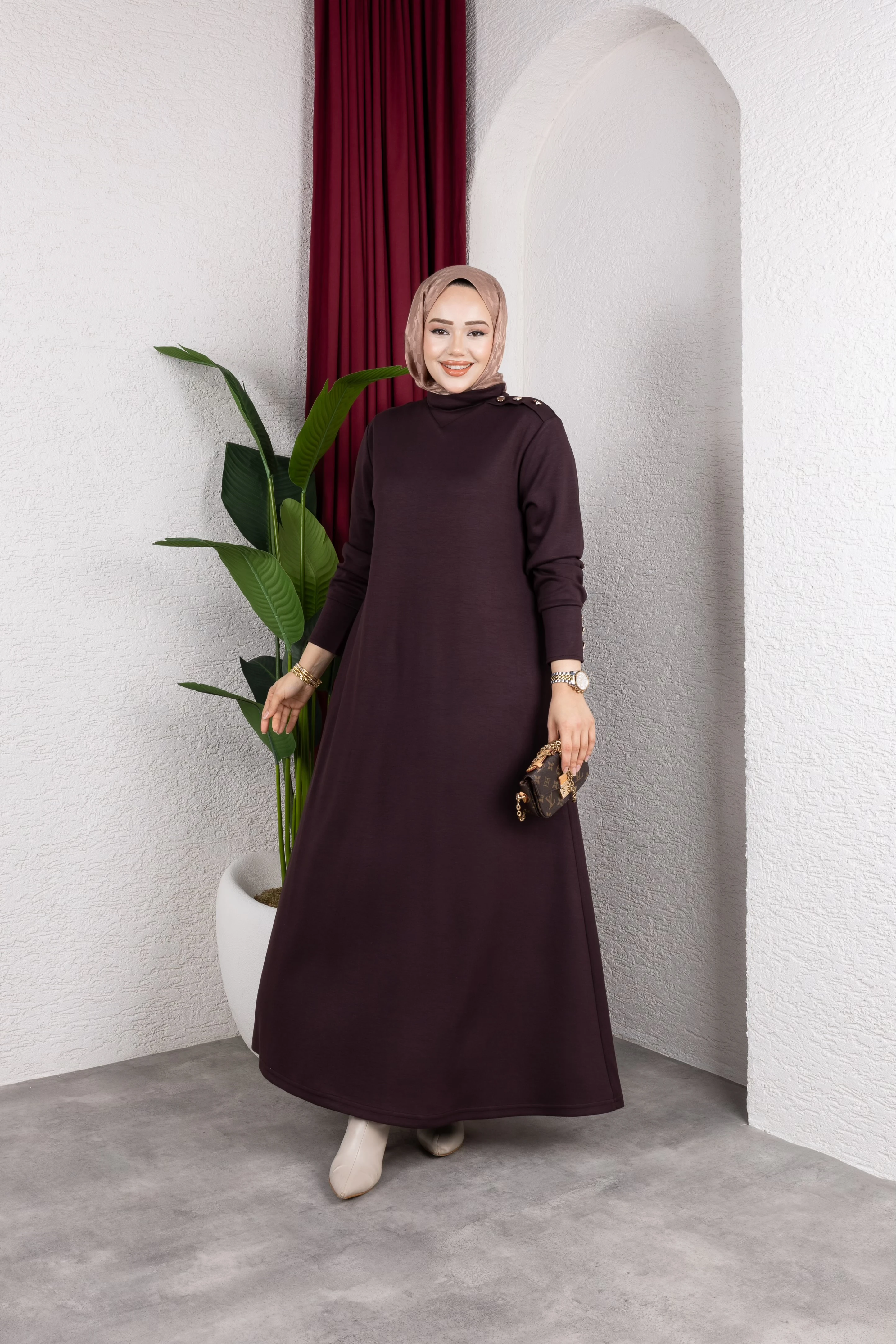 Düğmeli Modal Elbise - Kahve