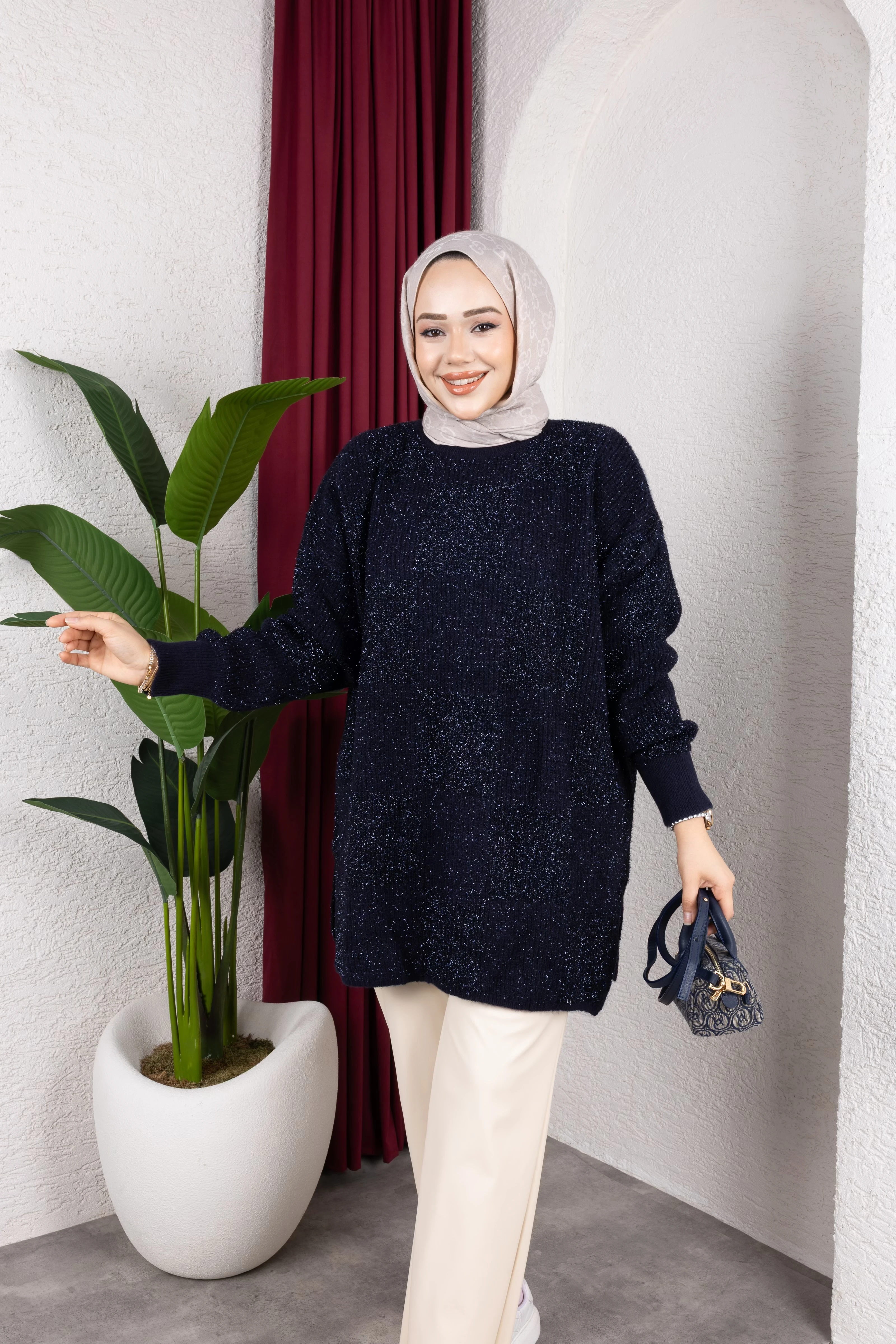 Desenli Simli Triko Kazak