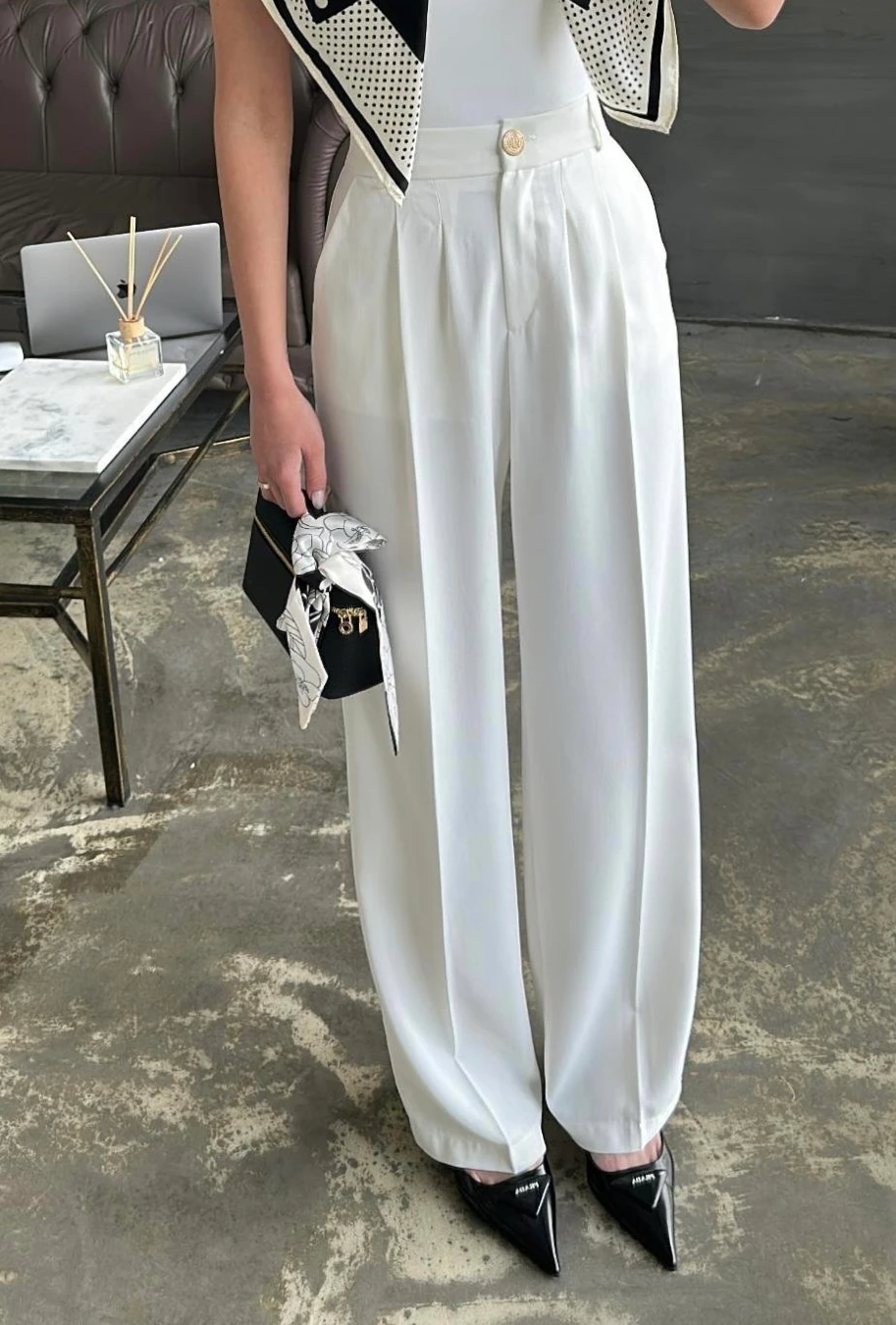 Arkası Lastikli Premium Palazzo Pantolon - Beyaz