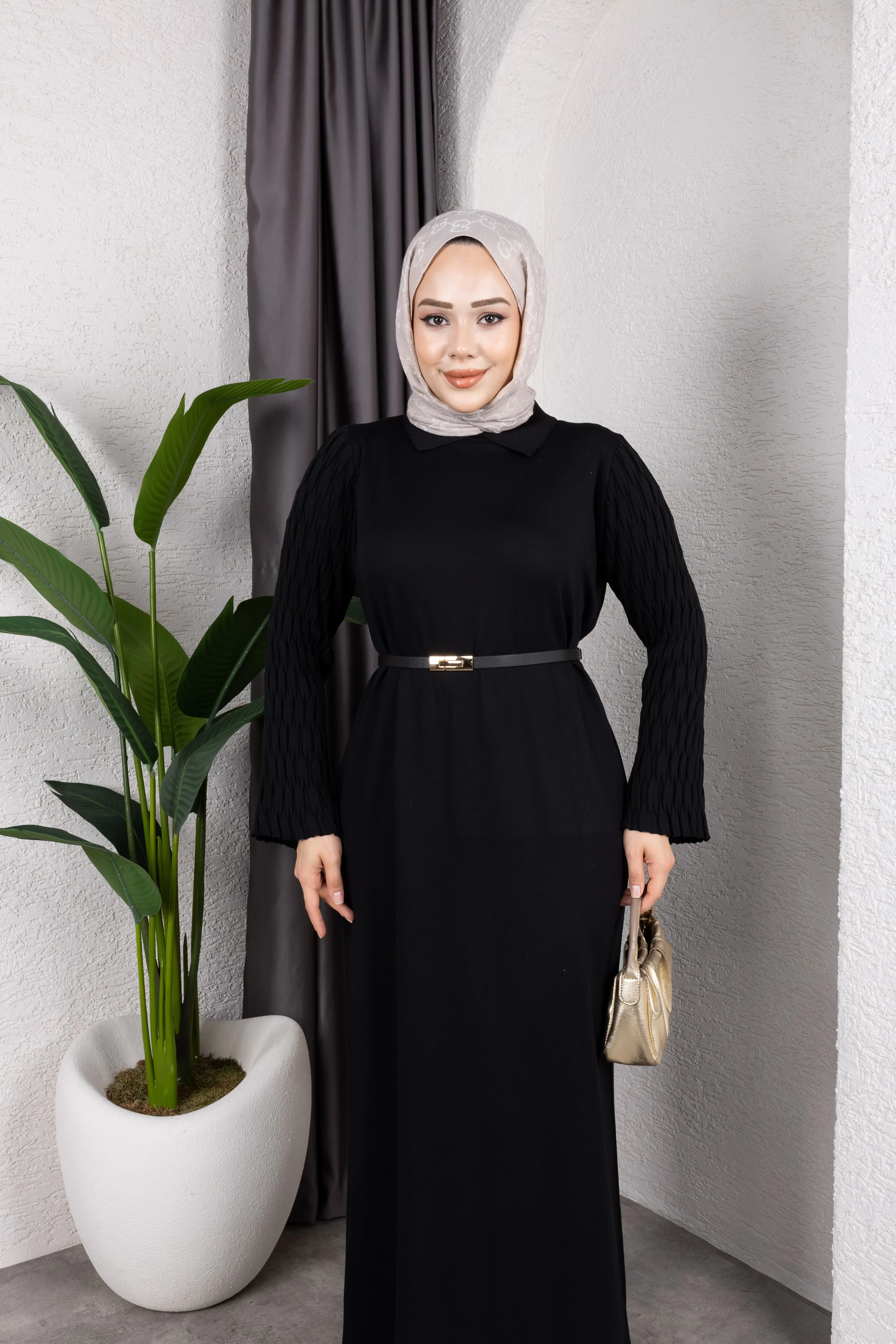 Triko Kol Merserize Elbise - Siyah