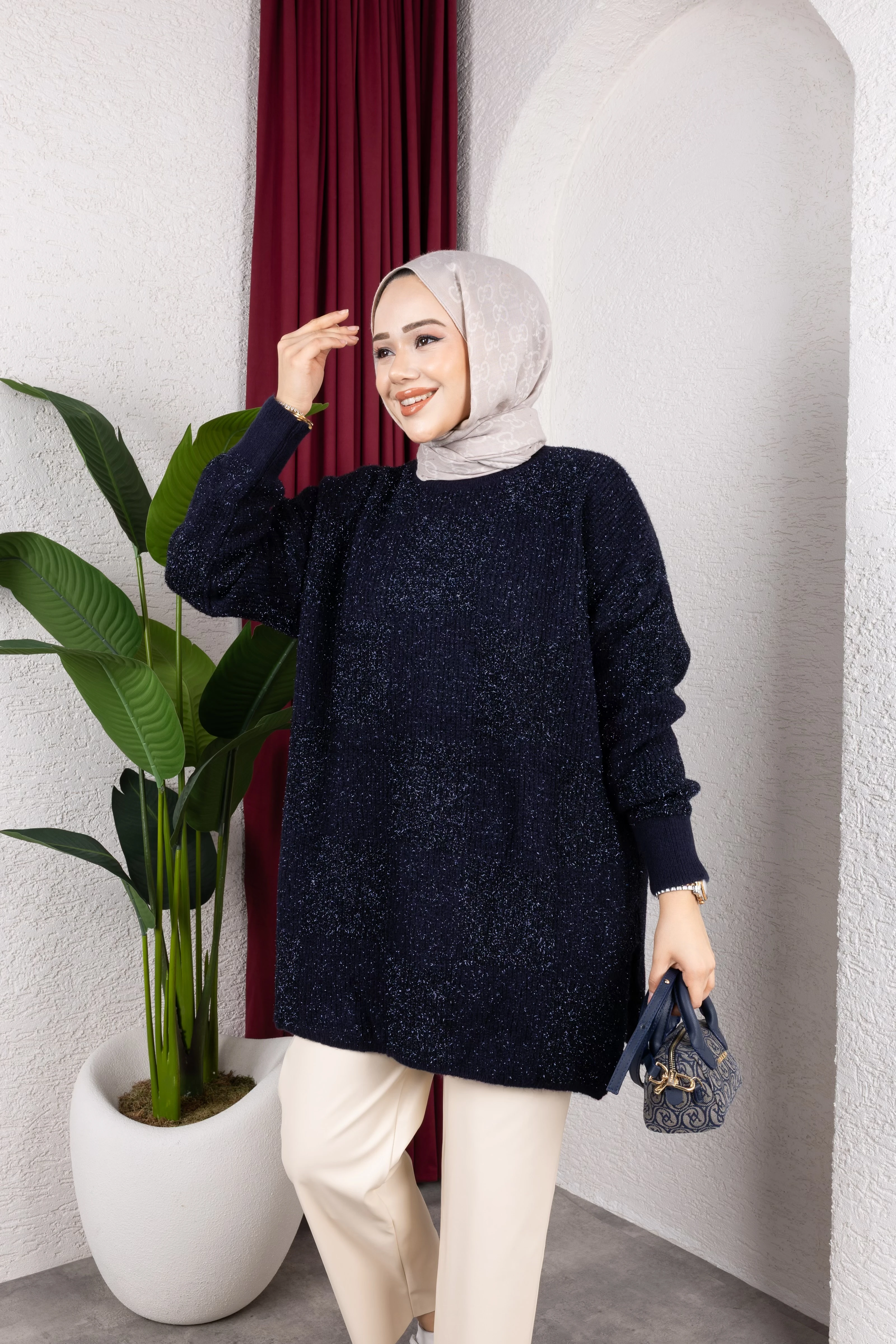 Desenli Simli Triko Kazak - Lacivert