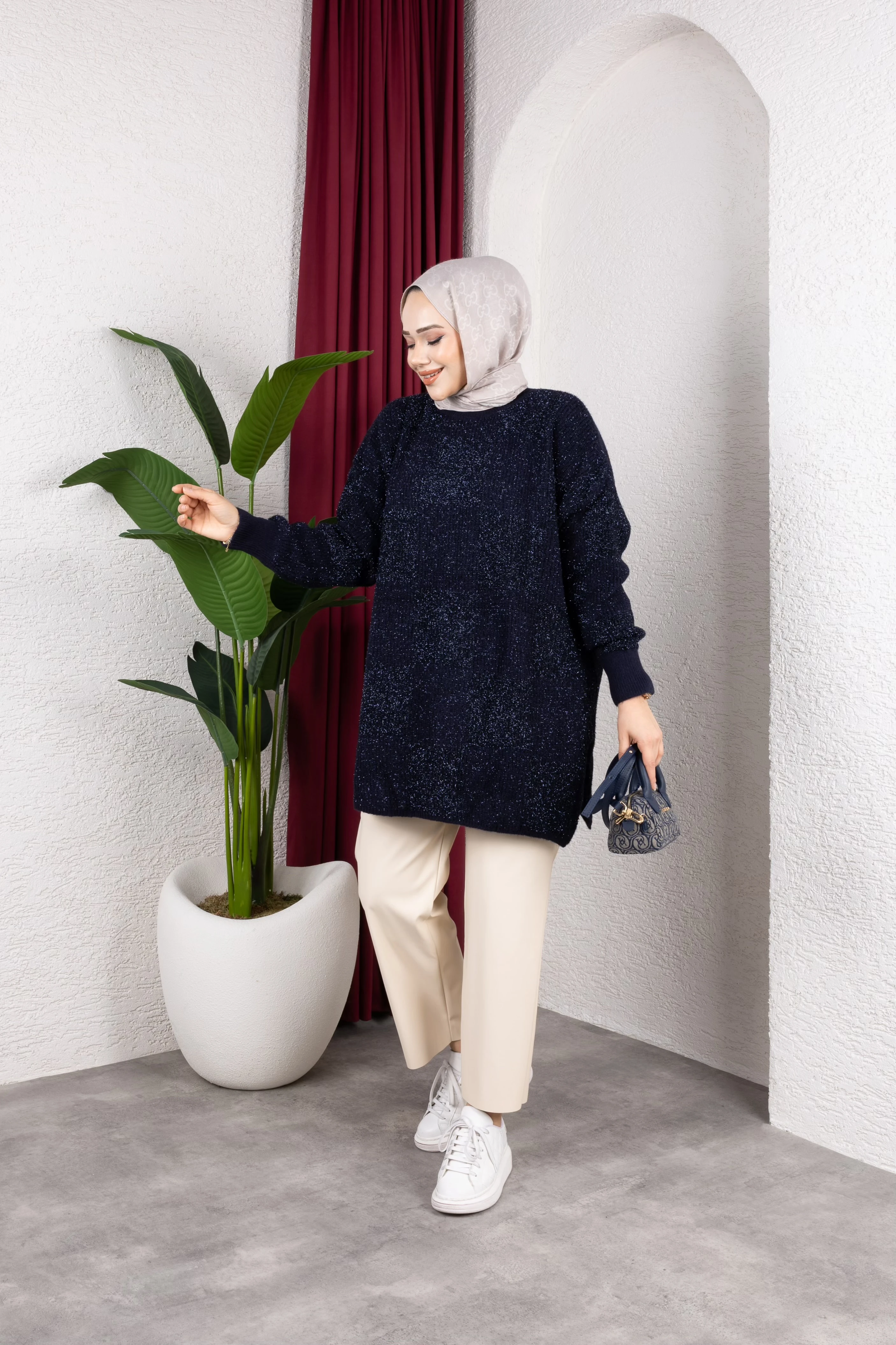 Desenli Simli Triko Kazak