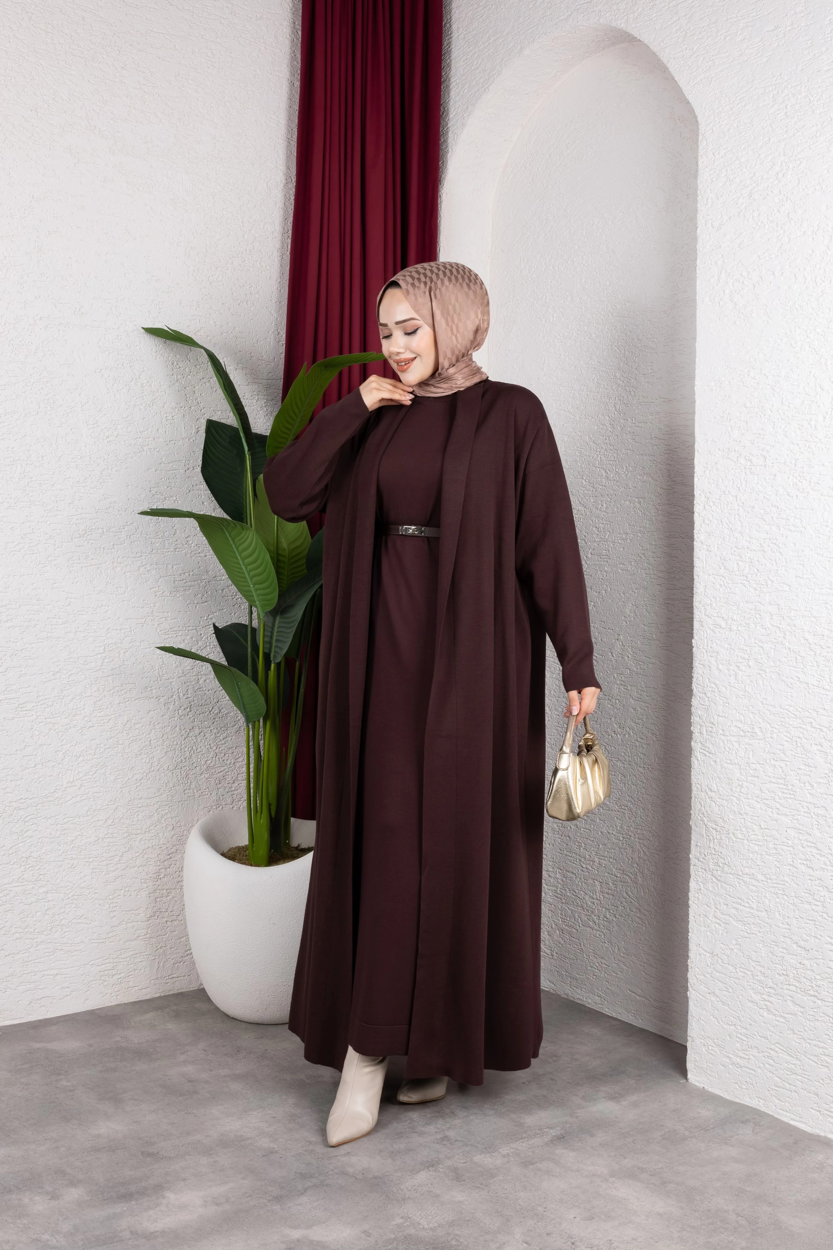 Sera İkili Çelik Örme Elbise - Kahve