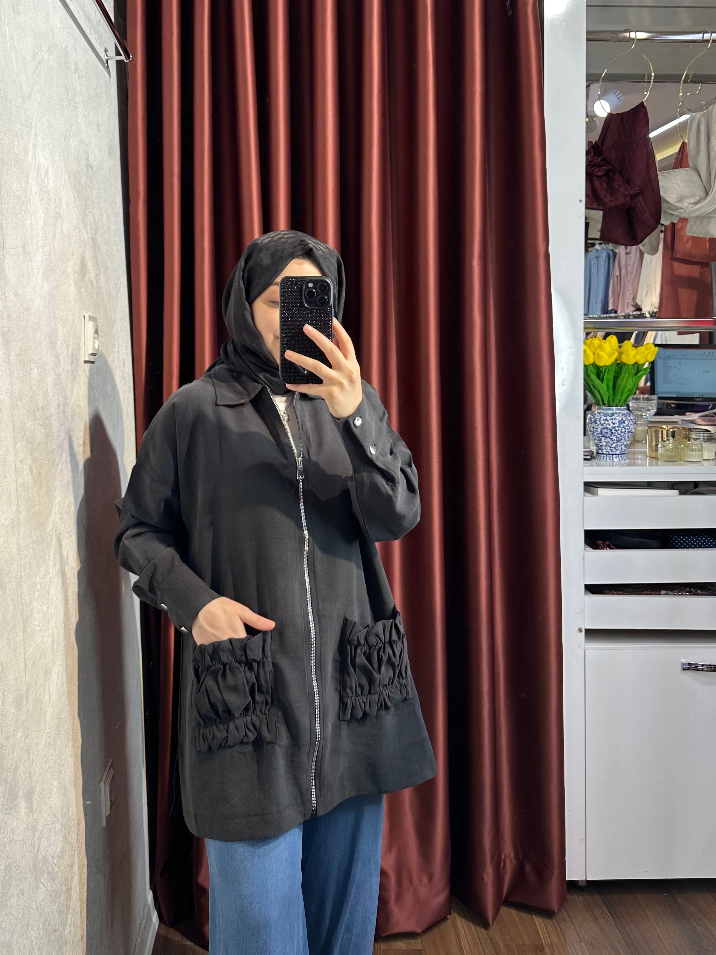 Fermuarlı Tensel Ceket - Siyah