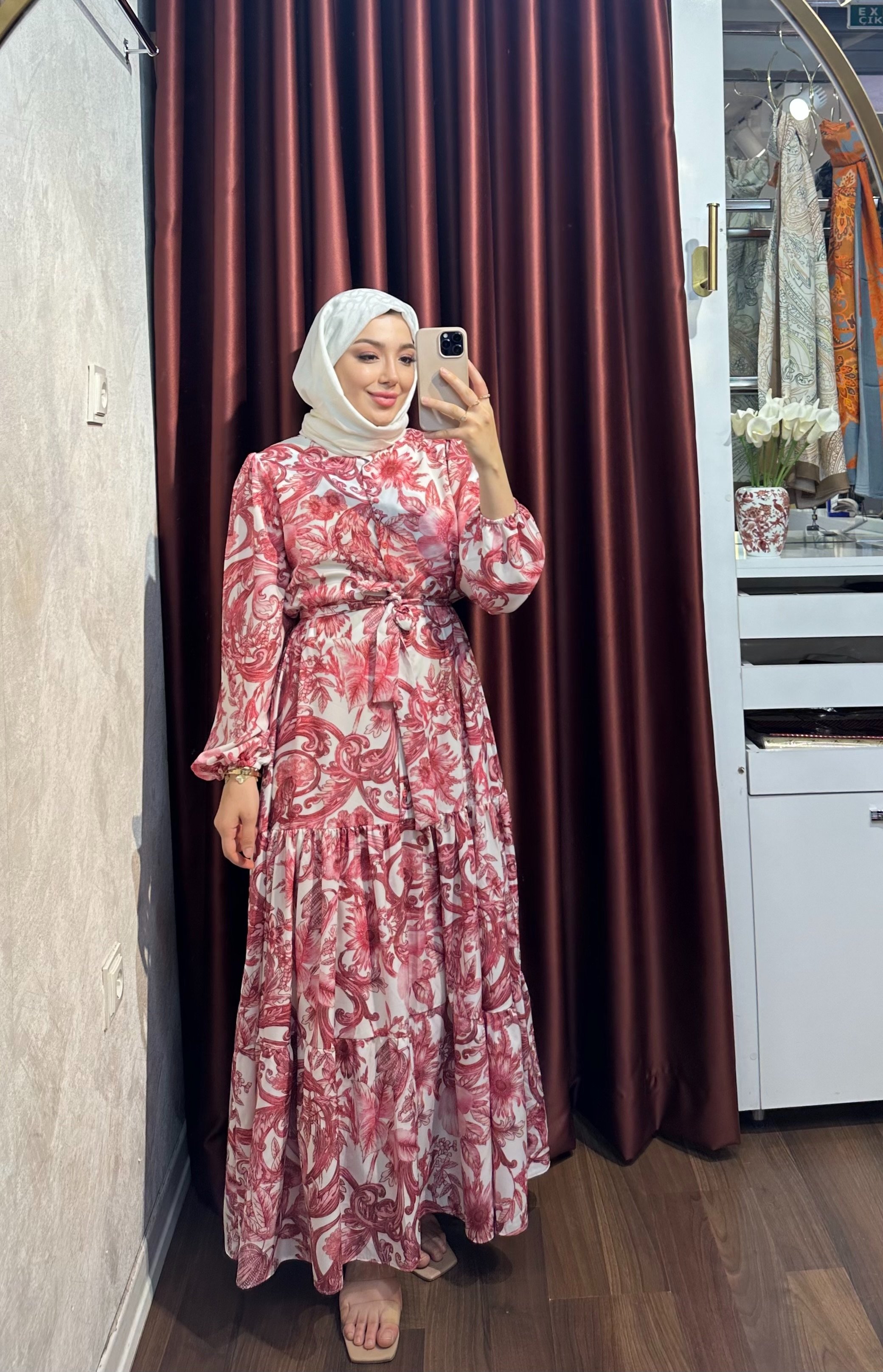 Nilüfer Çiçekli Elbise - Bordo