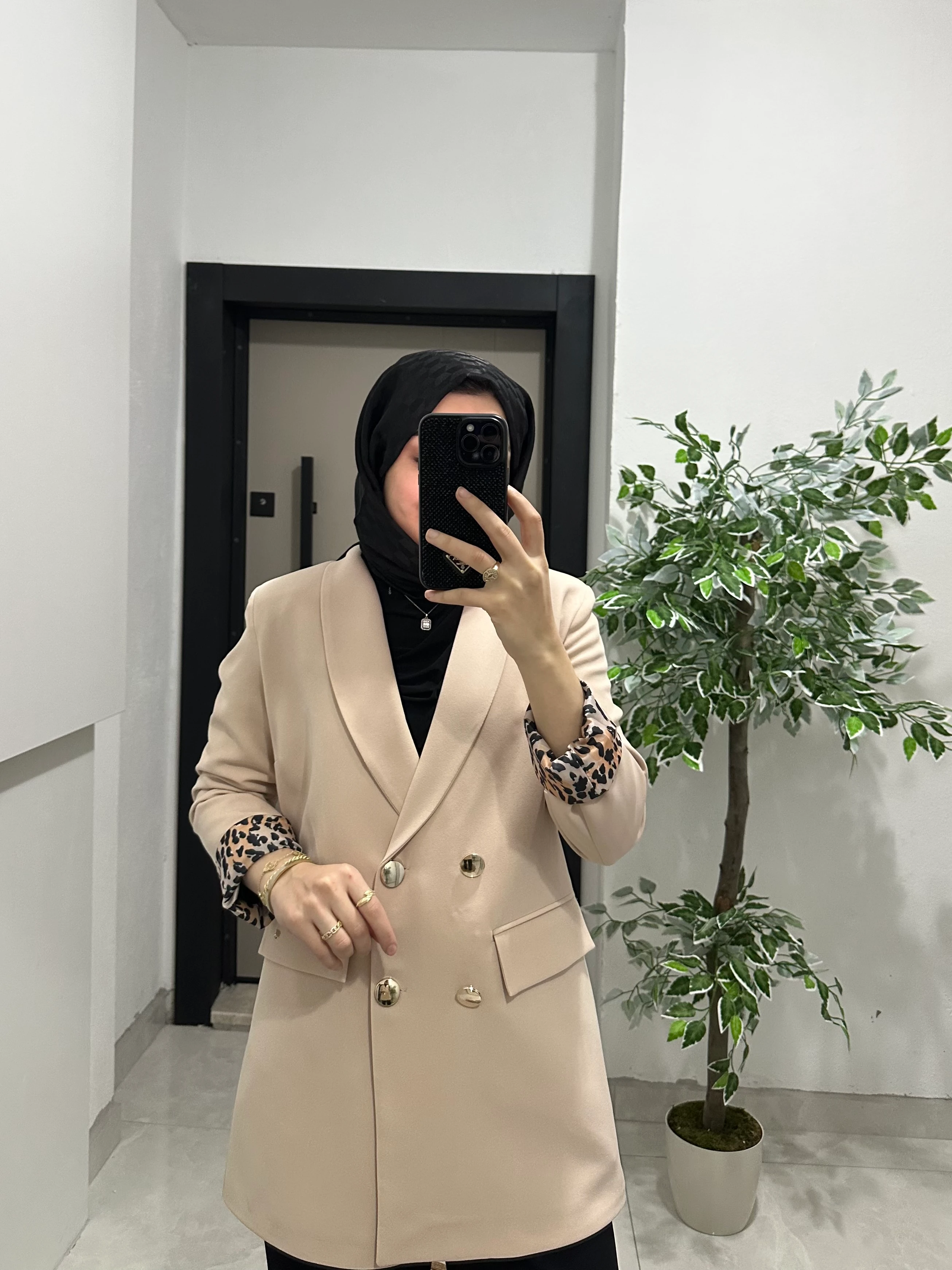 Leopar Astarlı Blazer Ceket - Krem