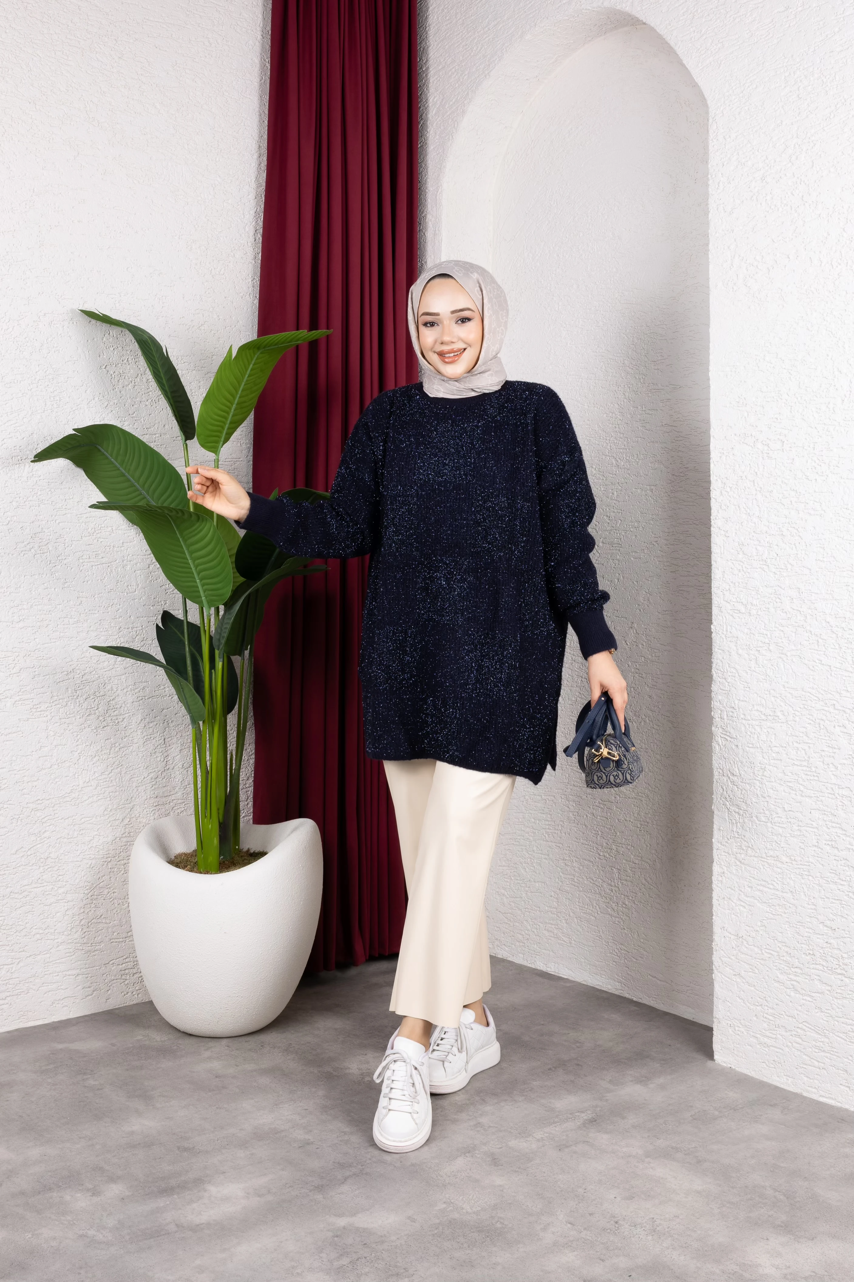 Desenli Simli Triko Kazak