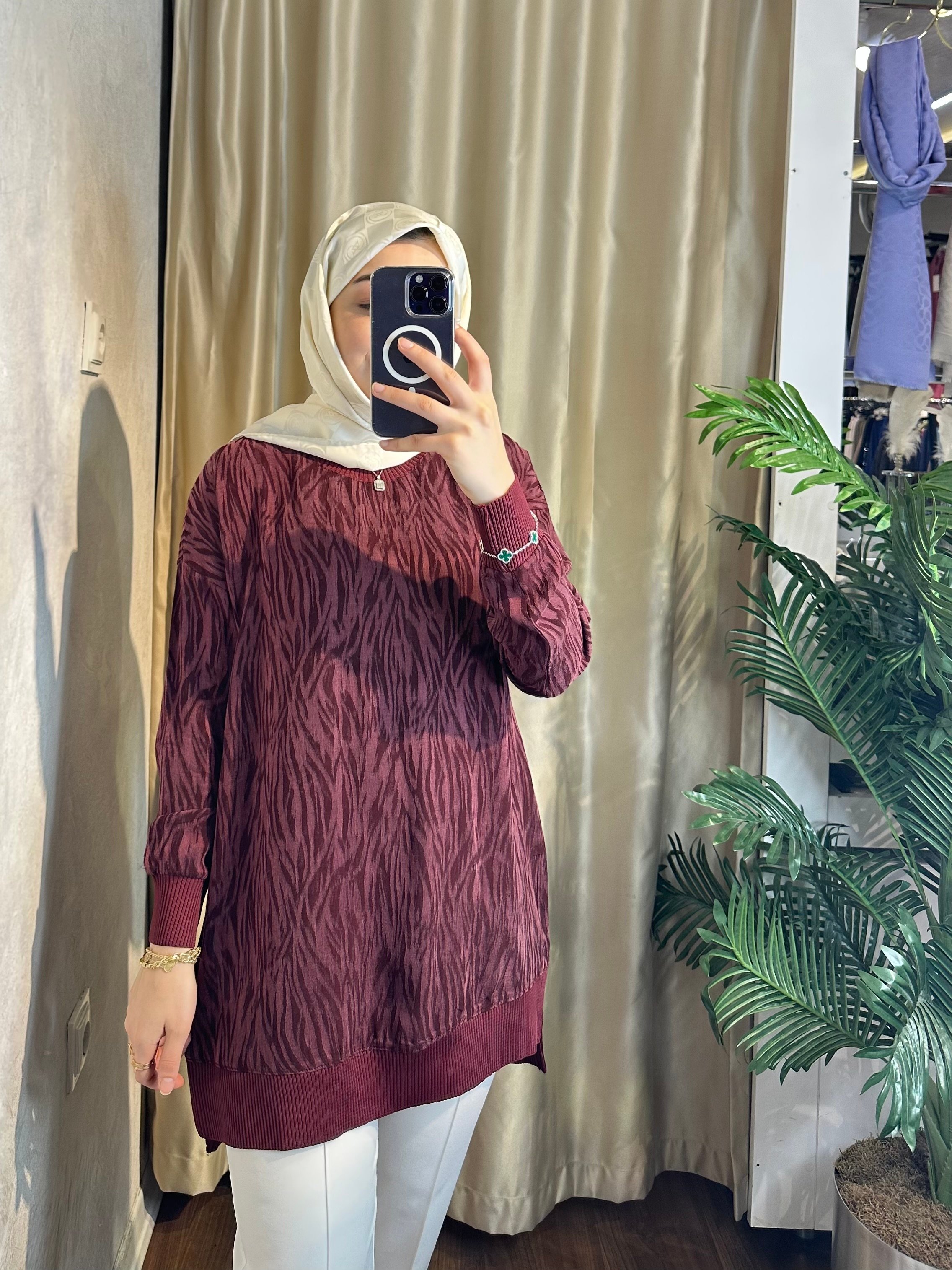 Premium Desenli Cupra Tunik - BORDO