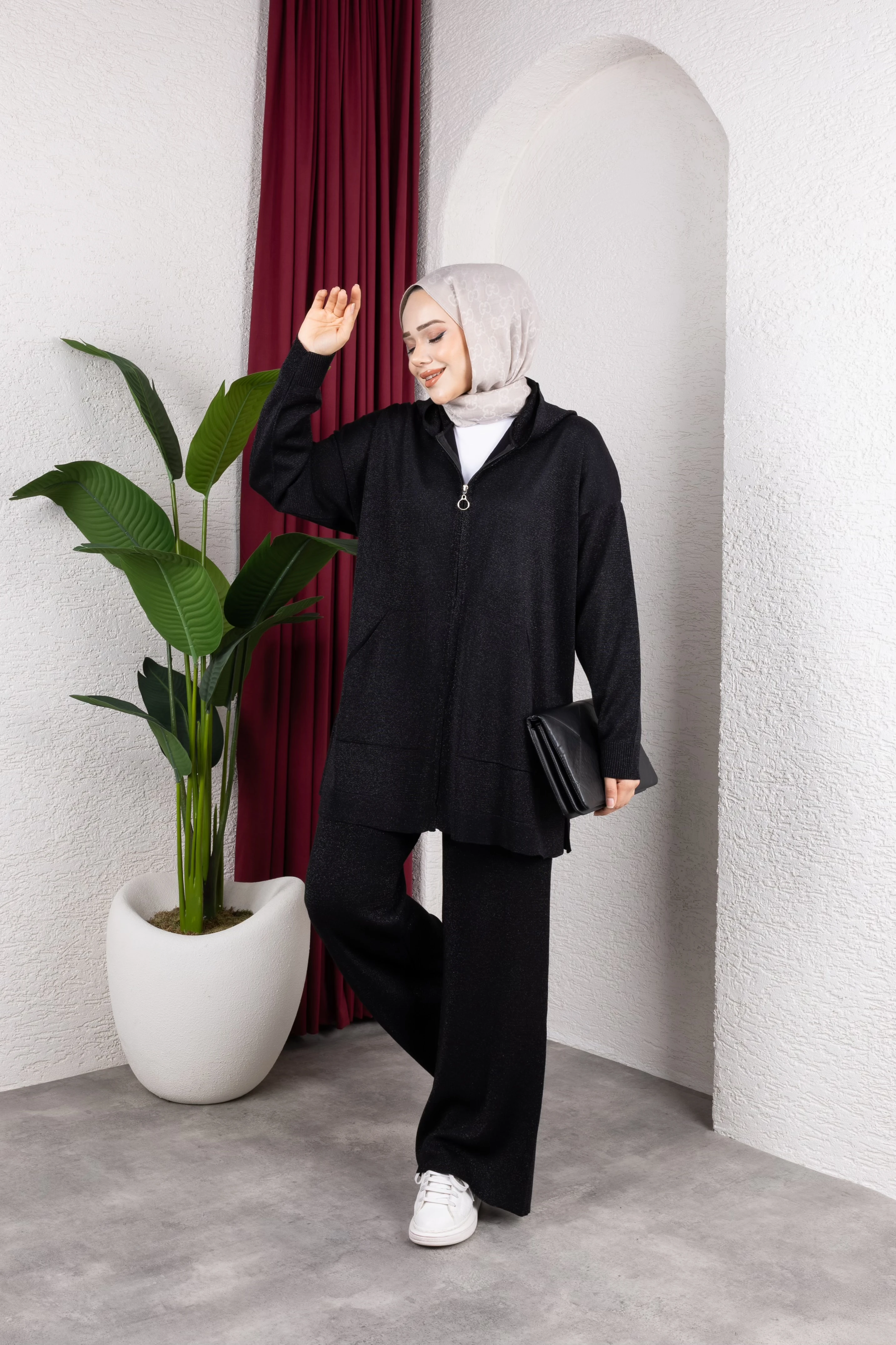 Simli Kapüşonlu Merserize Takım - Siyah