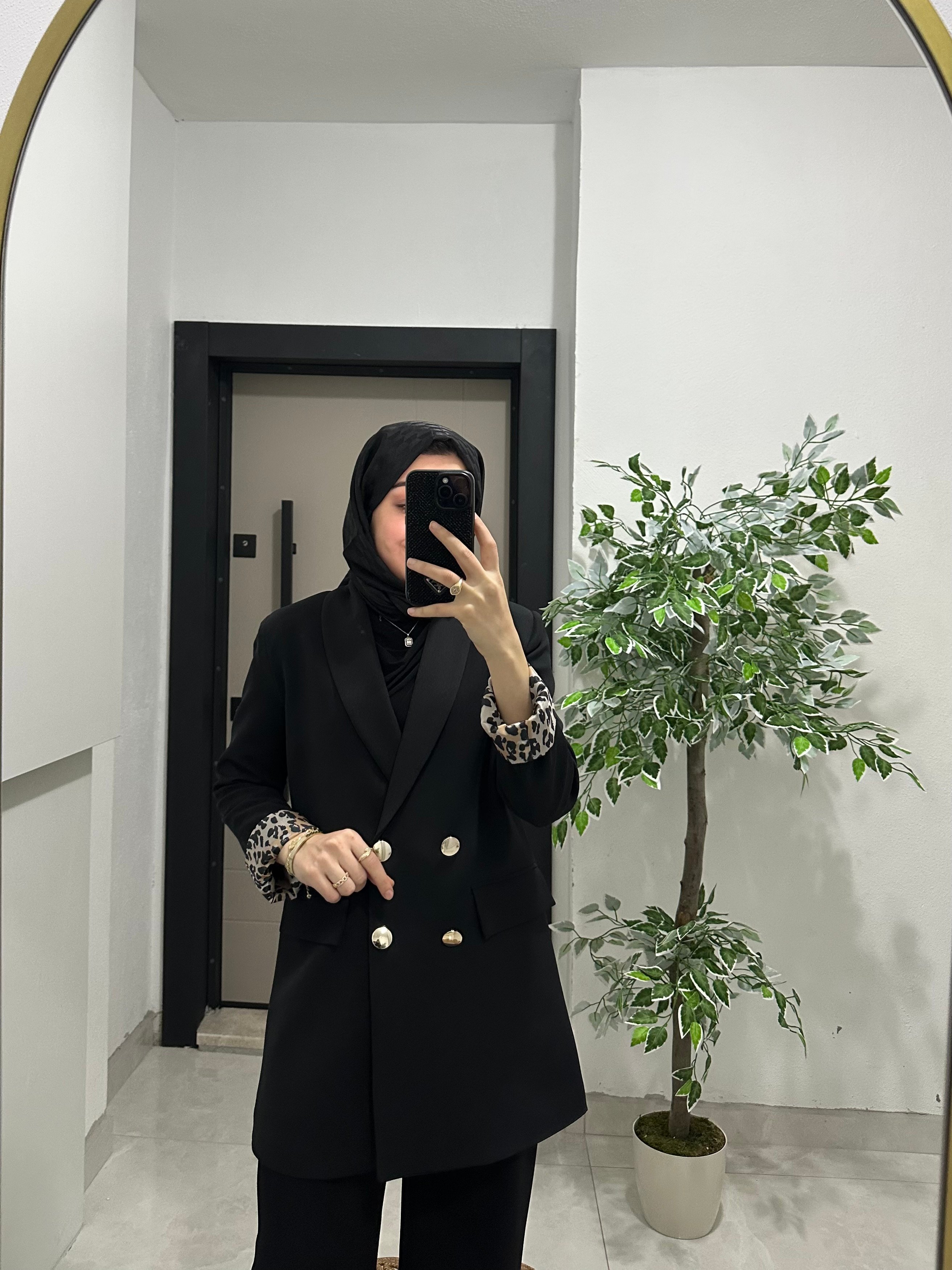 Leopar Astarlı Blazer Ceket - Siyah