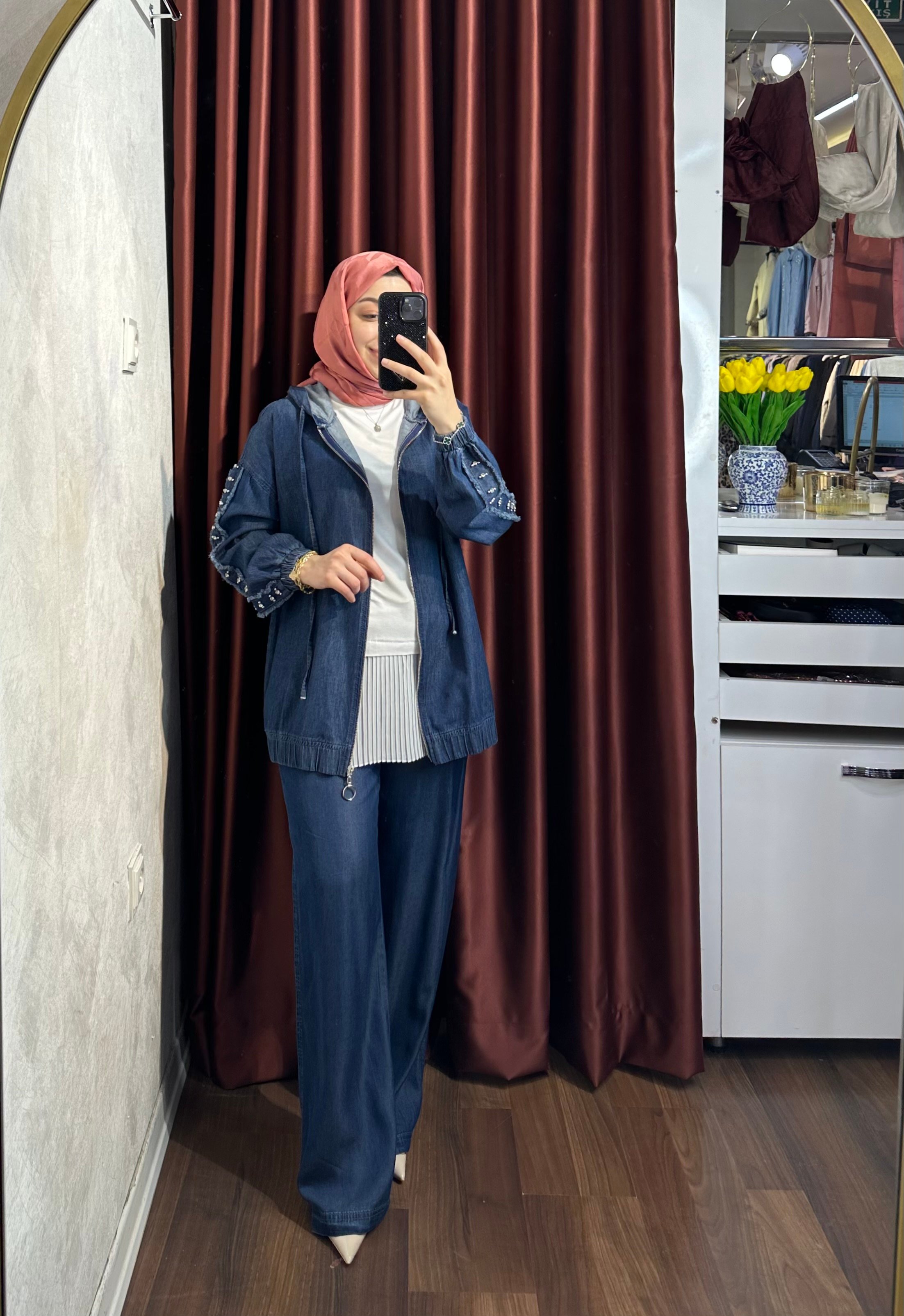 Taşlı Fermuarlı Denım Ceket