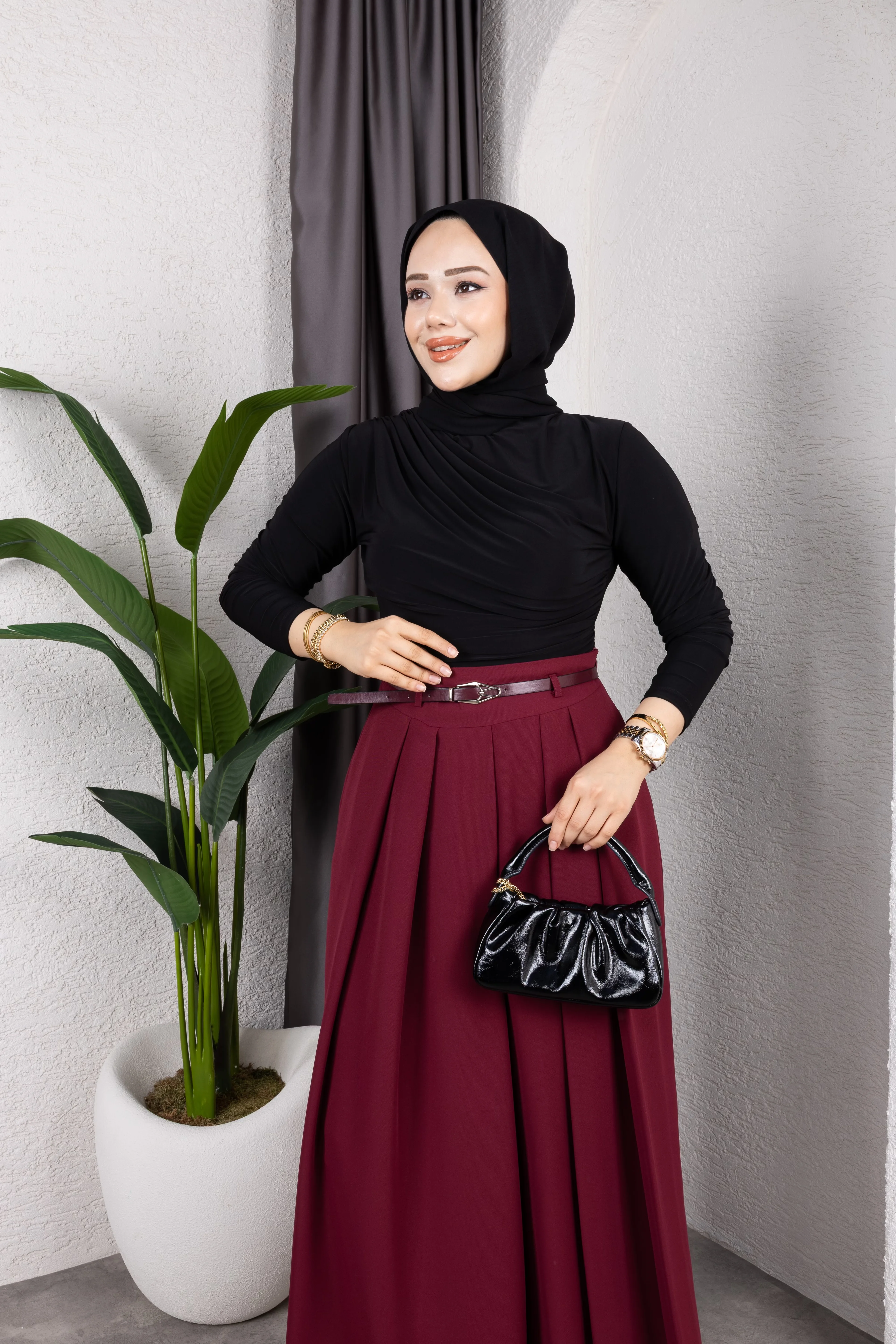 Dökümlü Krep Etek Pantolon - Bordo