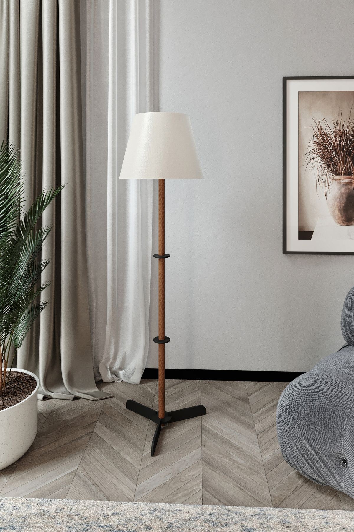 Dekoratif LİGHTING TİME TEK Ayaklı Lambader KREM--AHŞAP DESEN AYAK