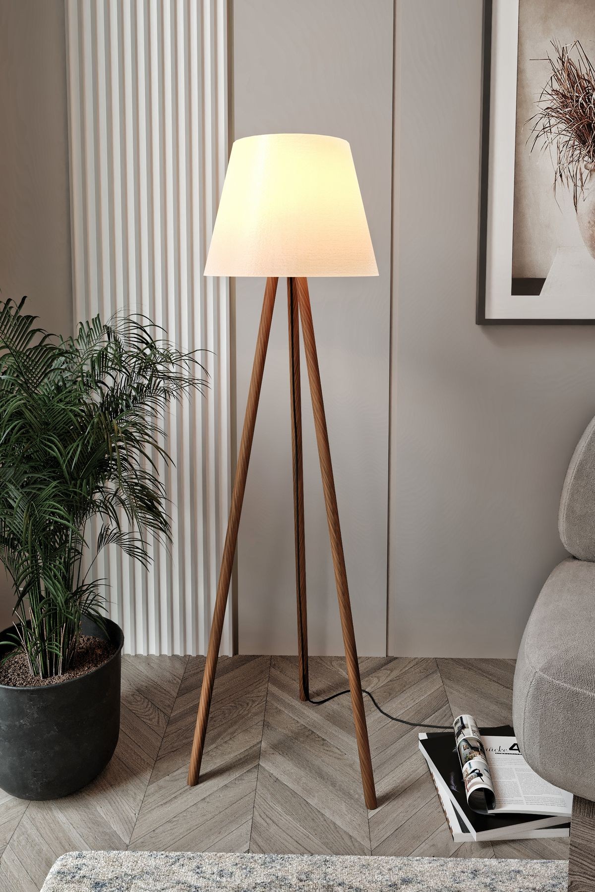 3 Dekoratif LİGHTING TİME 3 Ayaklı Lambader KREM--AHŞAP DESEN AYAK