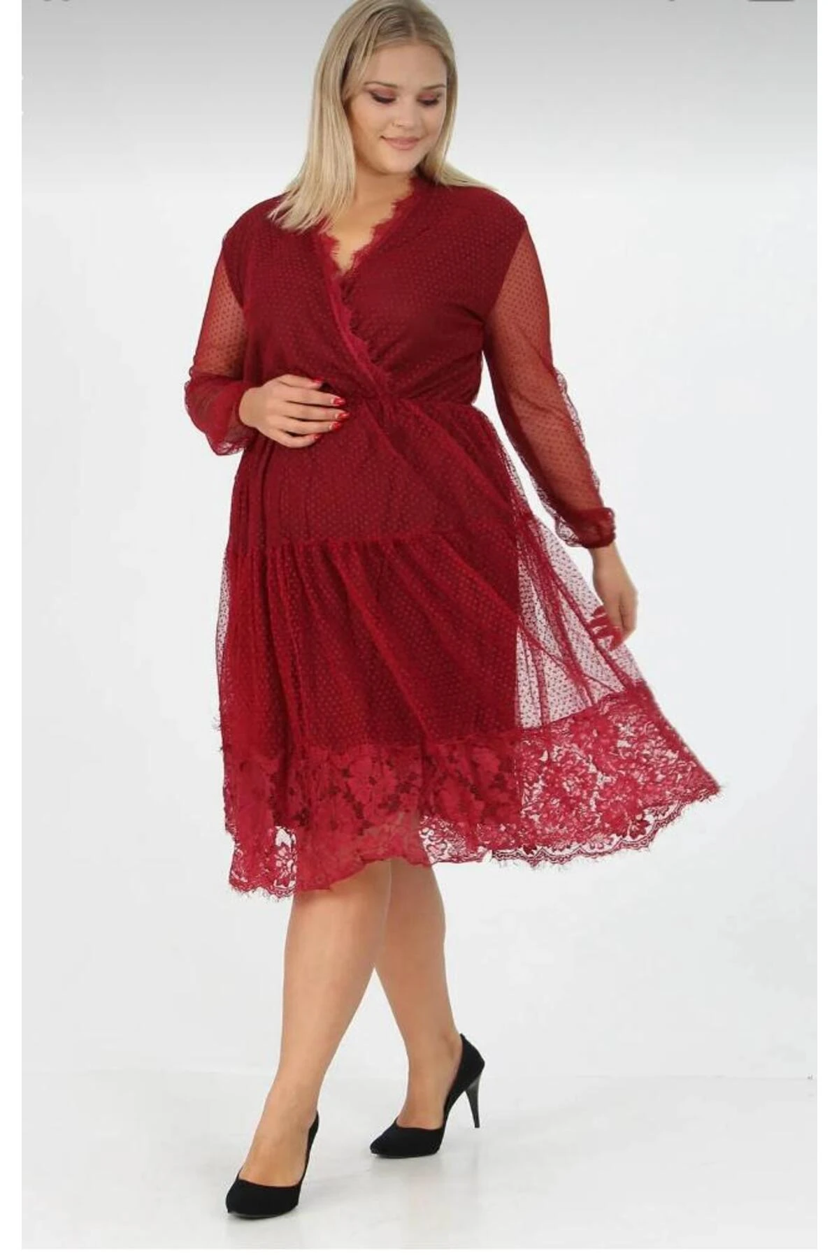 V Yaka Midi Boy Tül Elbise