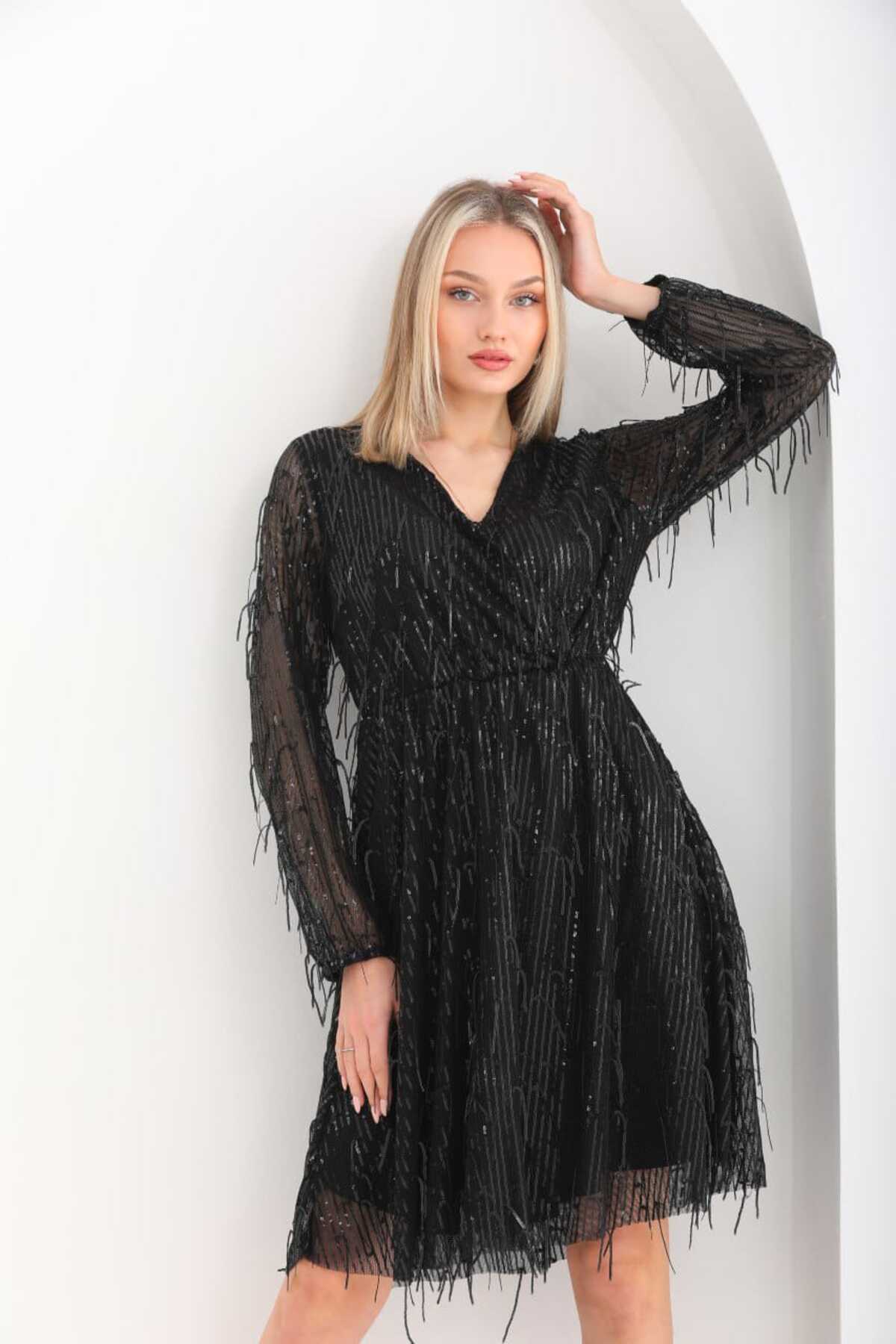 Saçaklı Pul Payet Elbise