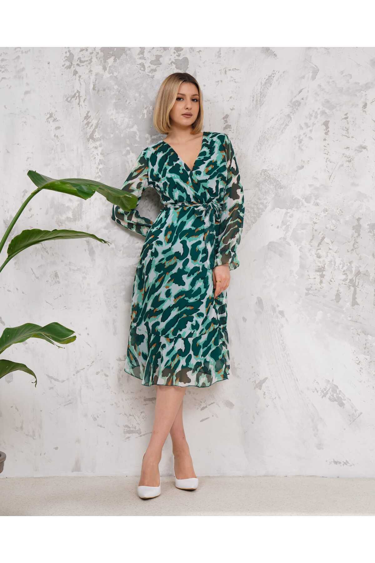 Yan Fermuarlı Midi Boy Desenli Şifon