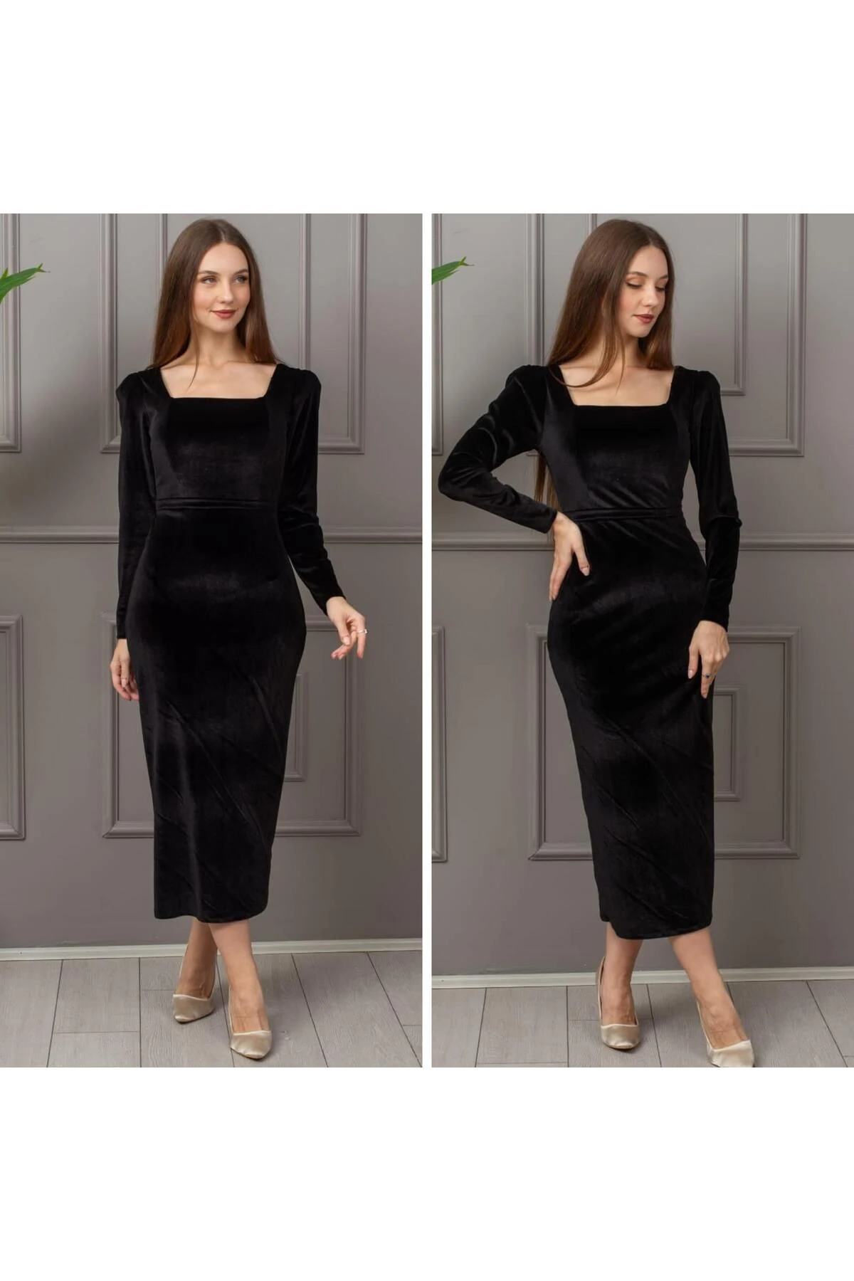 Kare Yaka Likralı Kadife Elbise