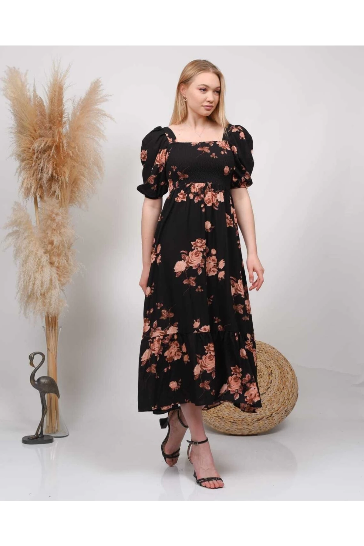 Midi Boy Gipeli Viskon Elbise - siyah çiçek
