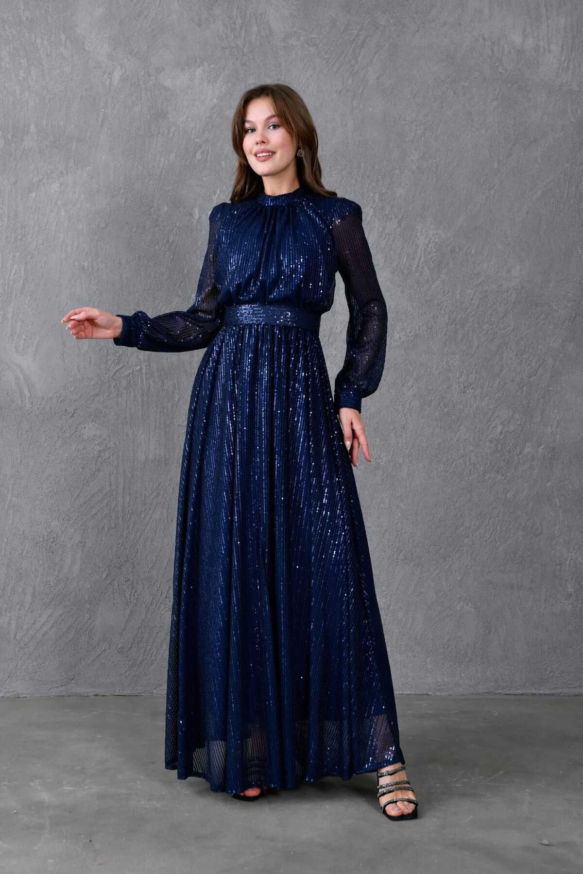 Abiye Pul Payetli Elbise - lacivert