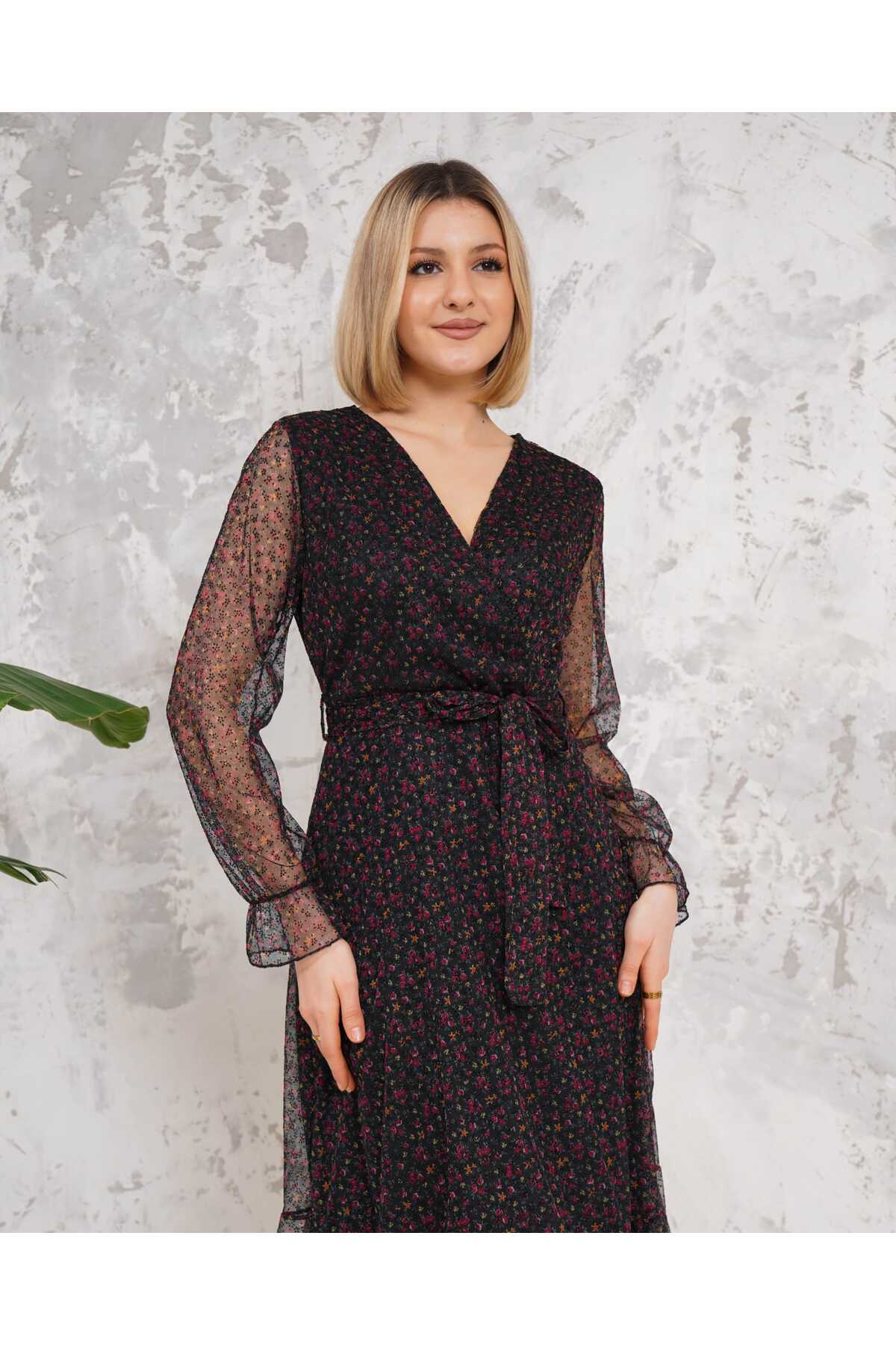 Yan Fermuarlı Midi Boy Filoklu Likralı Tül Elbise