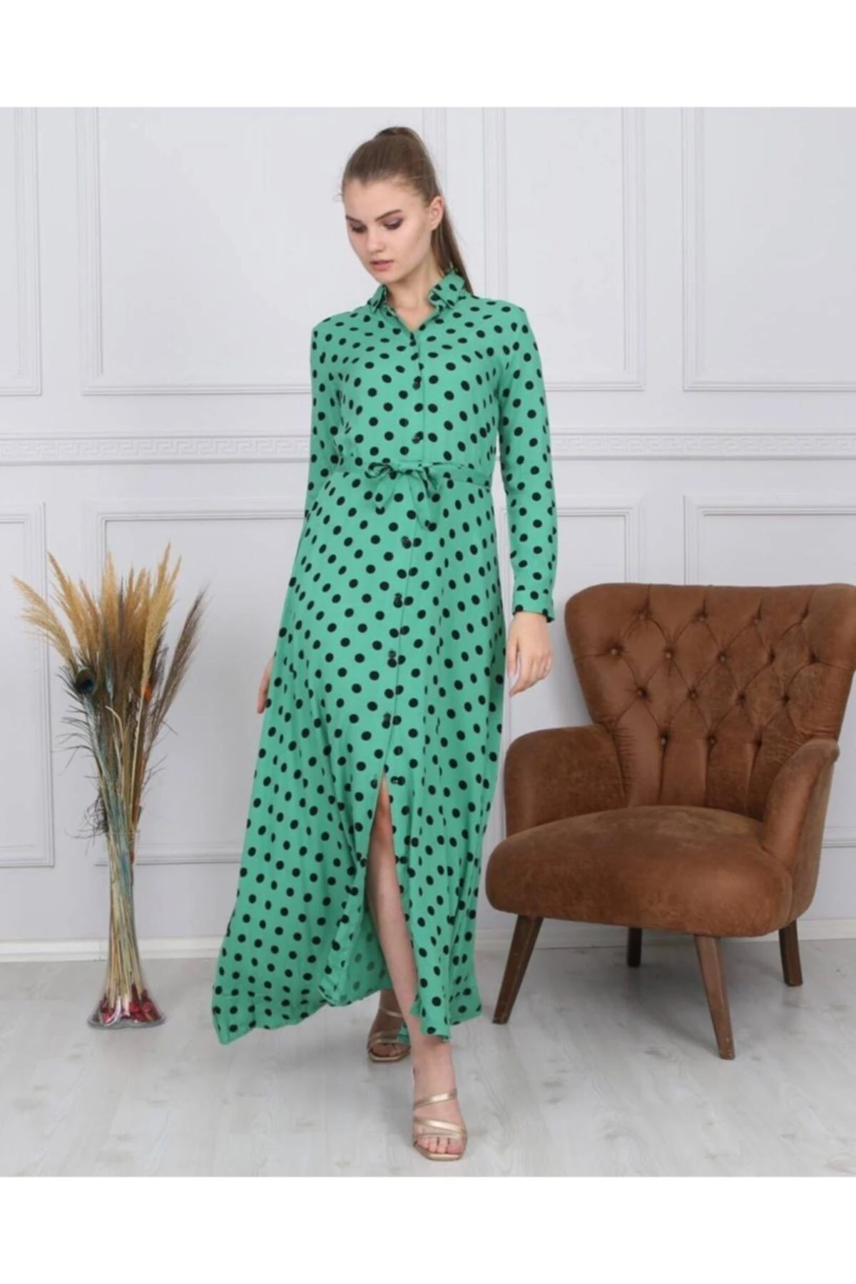 Kadın Sarı Puantiyeli Elbise - yeşil