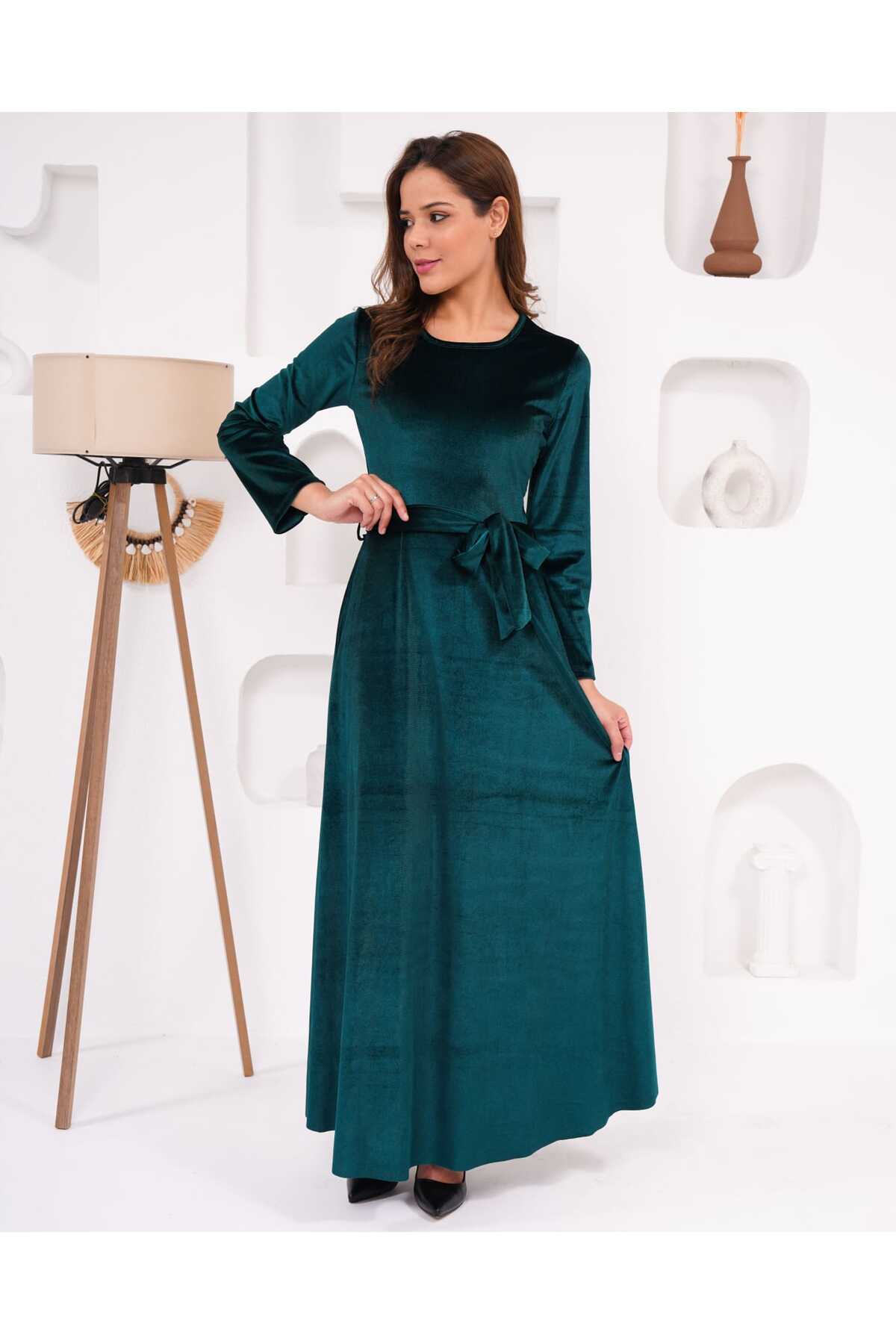 Bisiklet Yaka Kadife Elbise