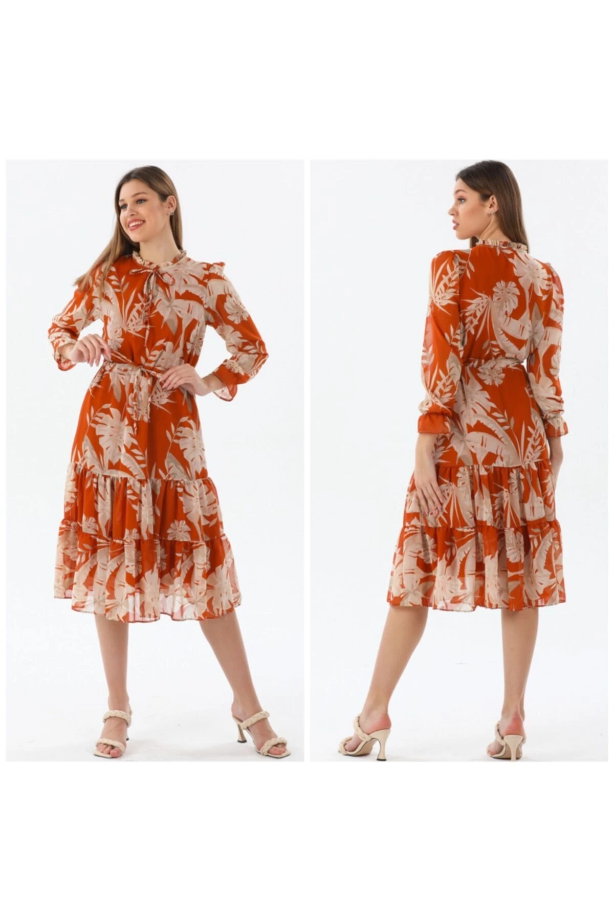 Midi Boy Bağcıklı Şifon Elbise