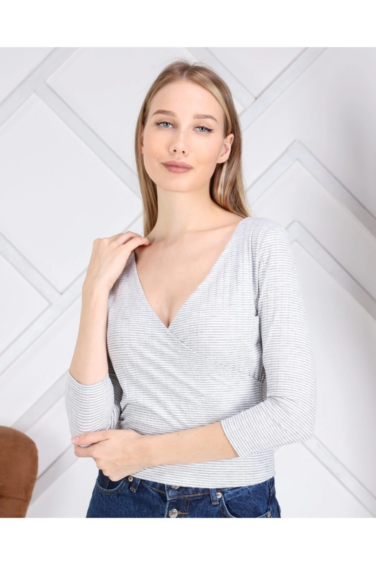 Kadın Gri Penye Likralı Bluz