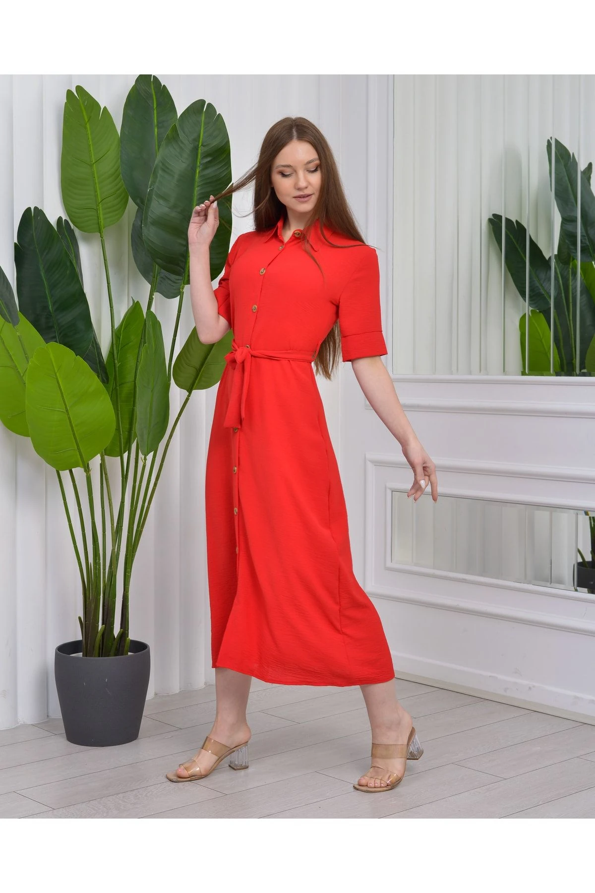 Gömlek Yaka Ayrobin Düğmeli Elbise - kırmızı