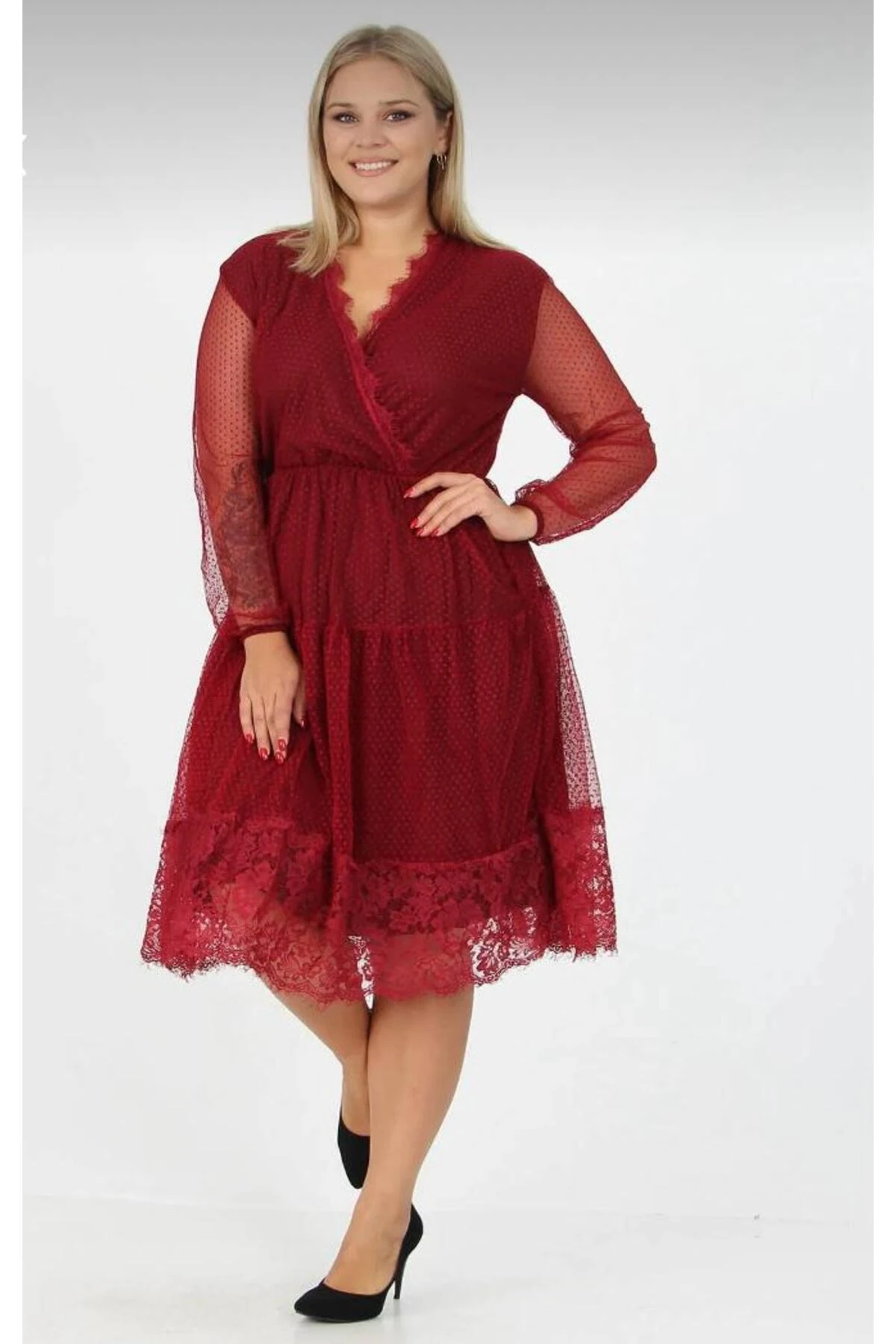 V Yaka Midi Boy Tül Elbise