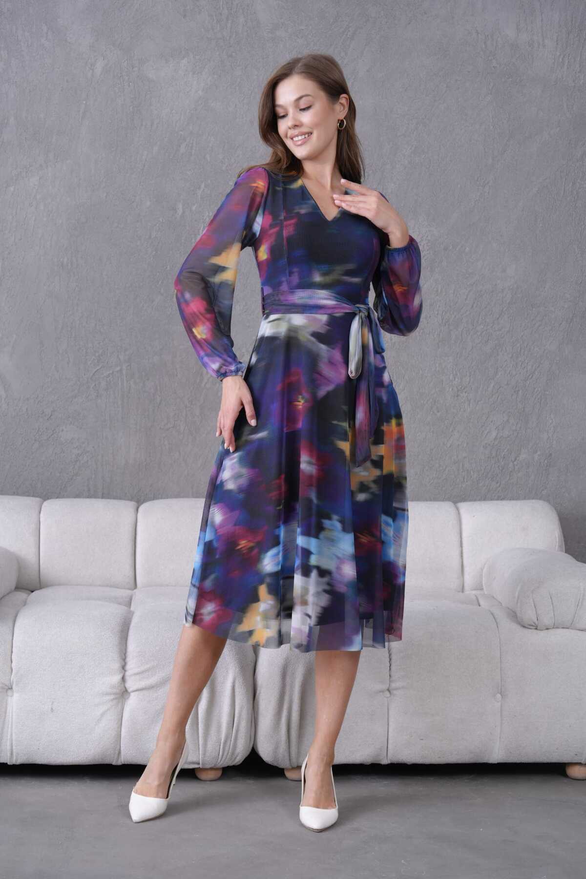 V Yaka Midi Boy Tül Elbise