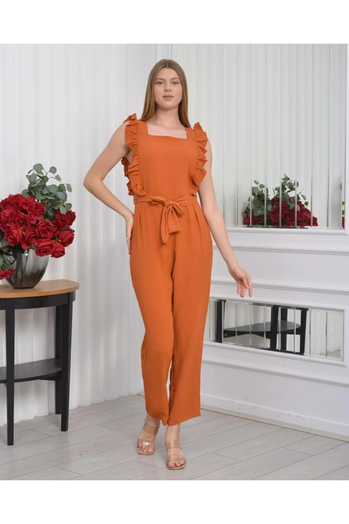 Ayrobin Arkası Fermuarlı Tulum - kiremit