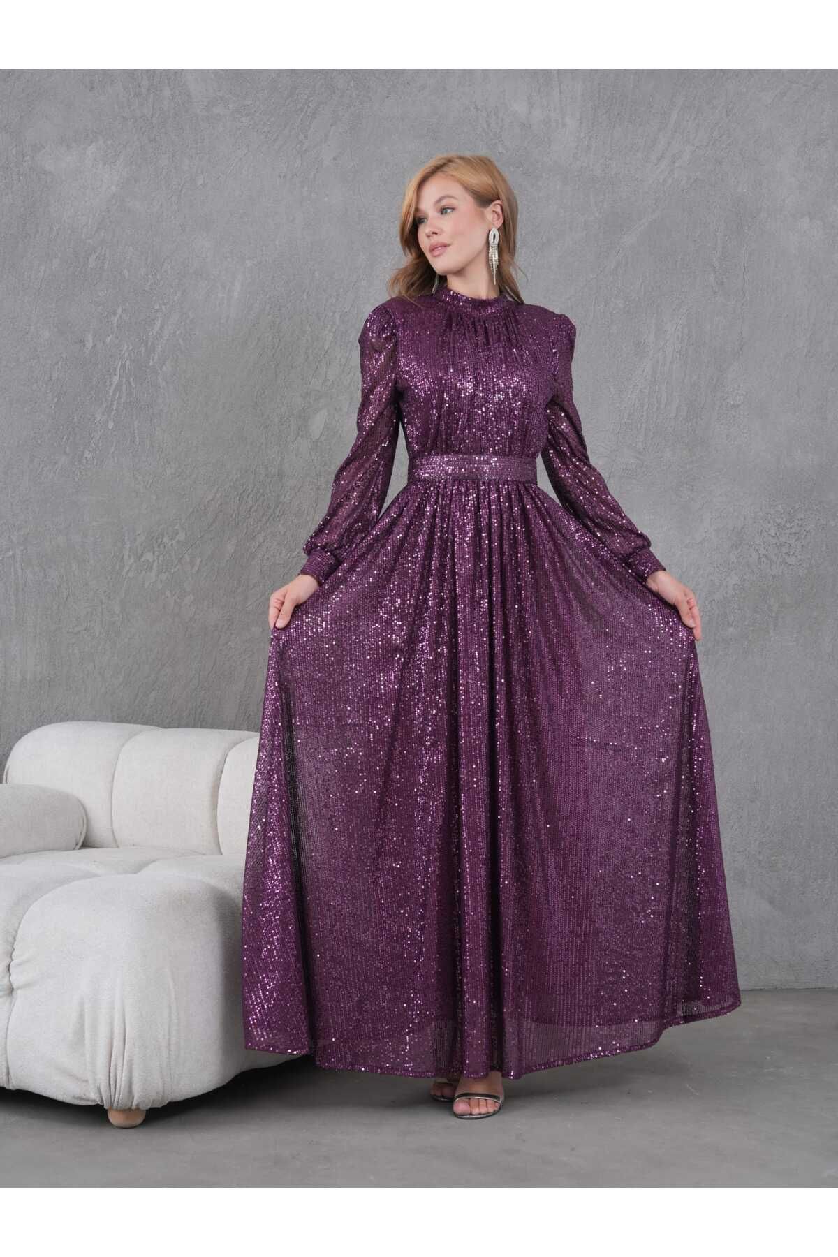 Abiye Pul Payetli Elbise - mor