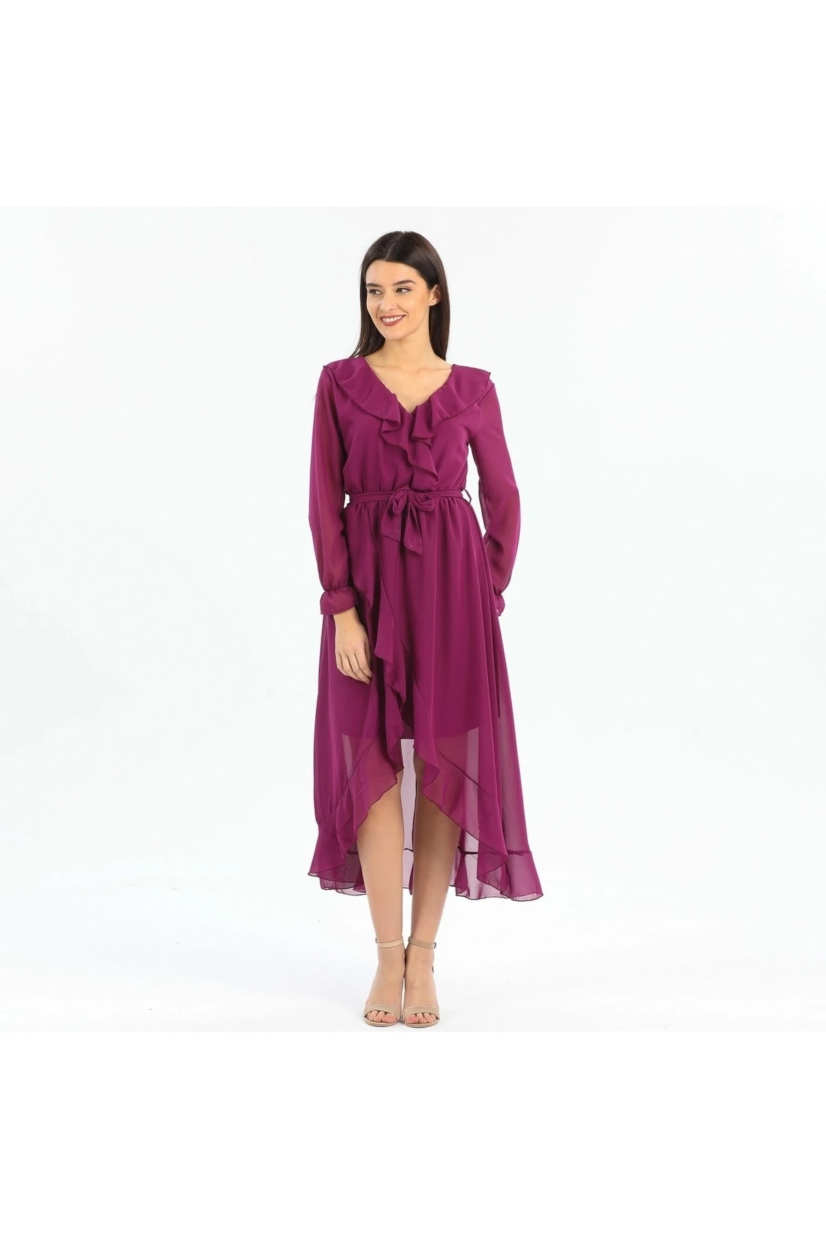 Uzun Kol Fırfırlı Düz Şifon Elbise