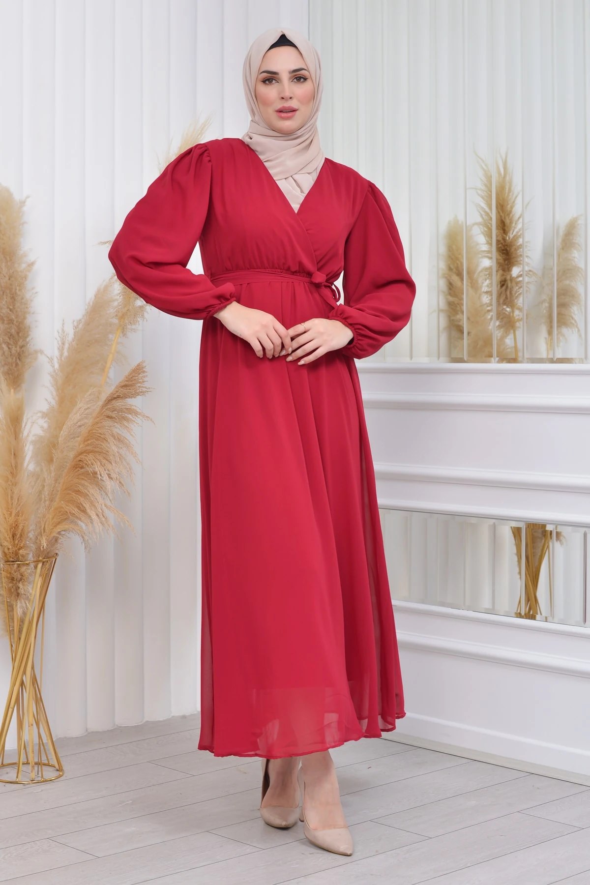 Kolu Astarlı Düz Şifon Elbise