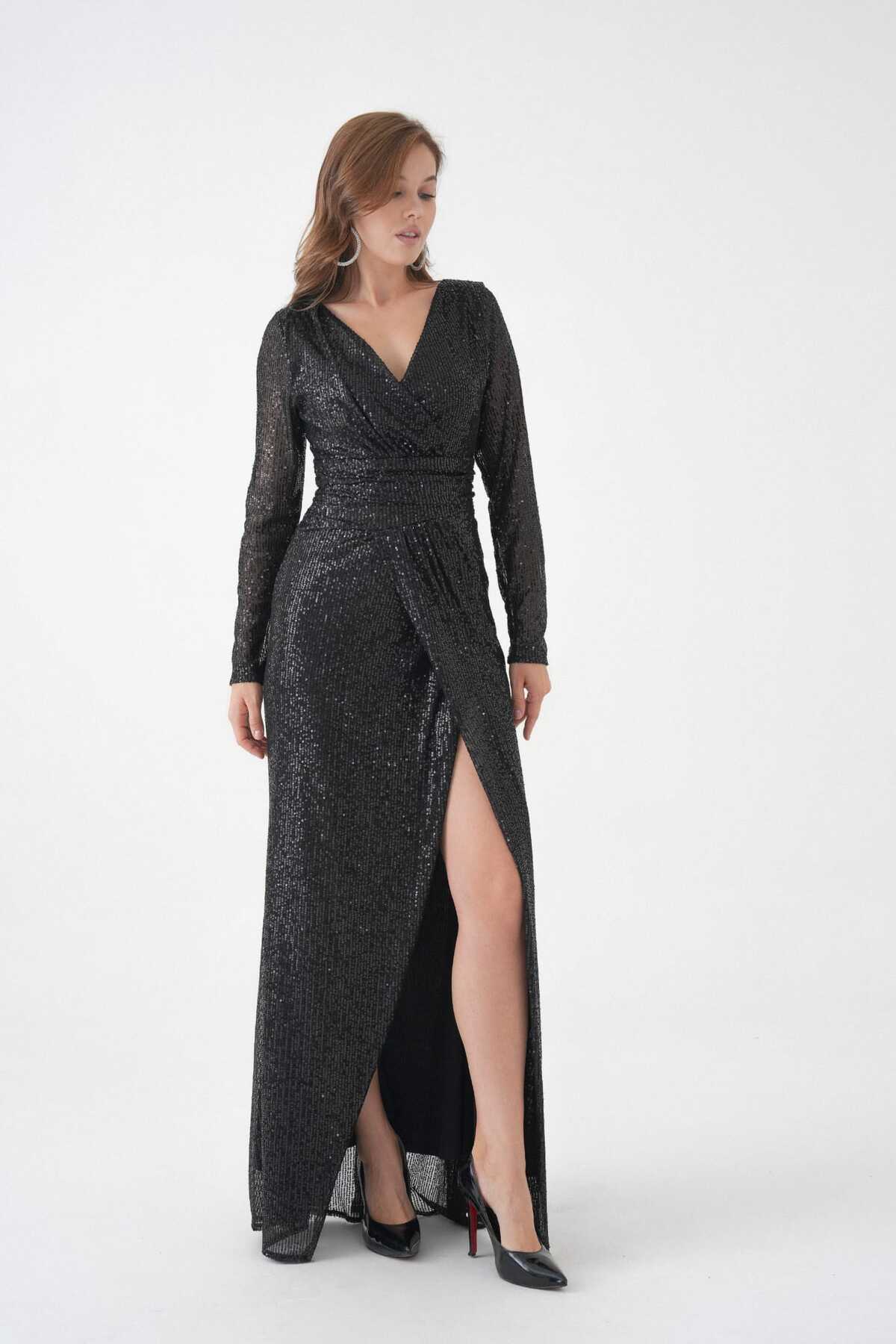 Eteği Kruvaze Uzunkol Pulpayet Abiye